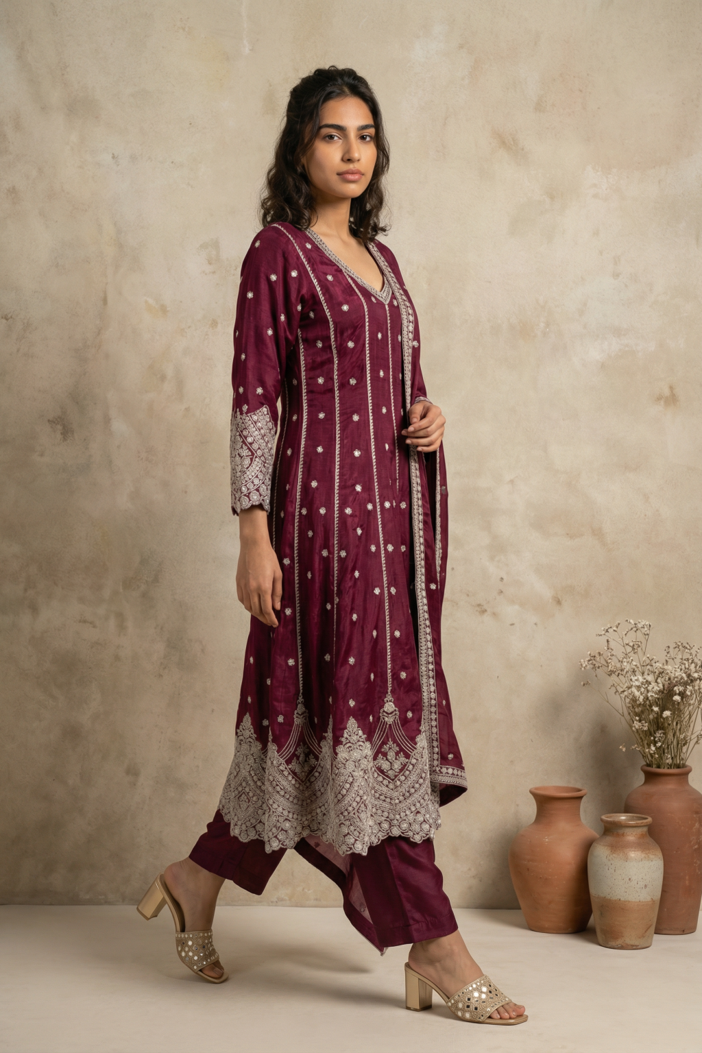 Maroon Silk Anarkali with Zari, Sequin & Kutdana Embroidery - Mokshaa