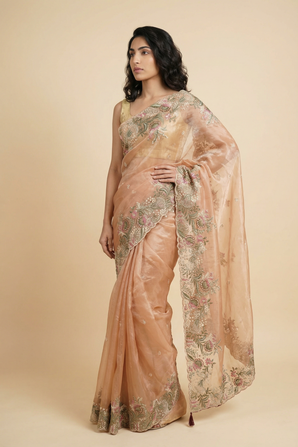 Peach Tissue Kora Saree with Floral Thread Embroidery - Mokshaa