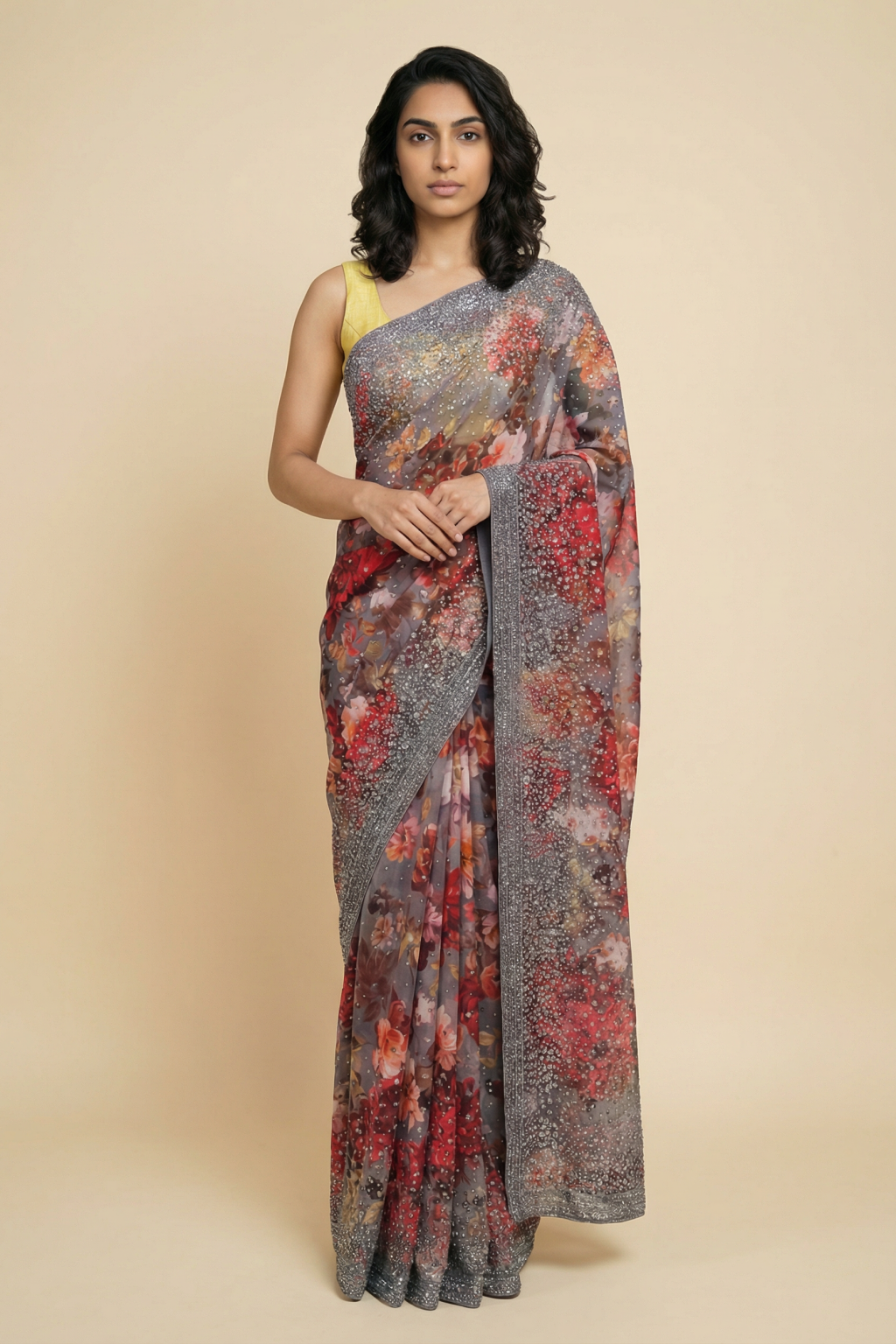 Multicolor Floral Printed Georgette Saree with All Over Sequins Work - Mokshaa