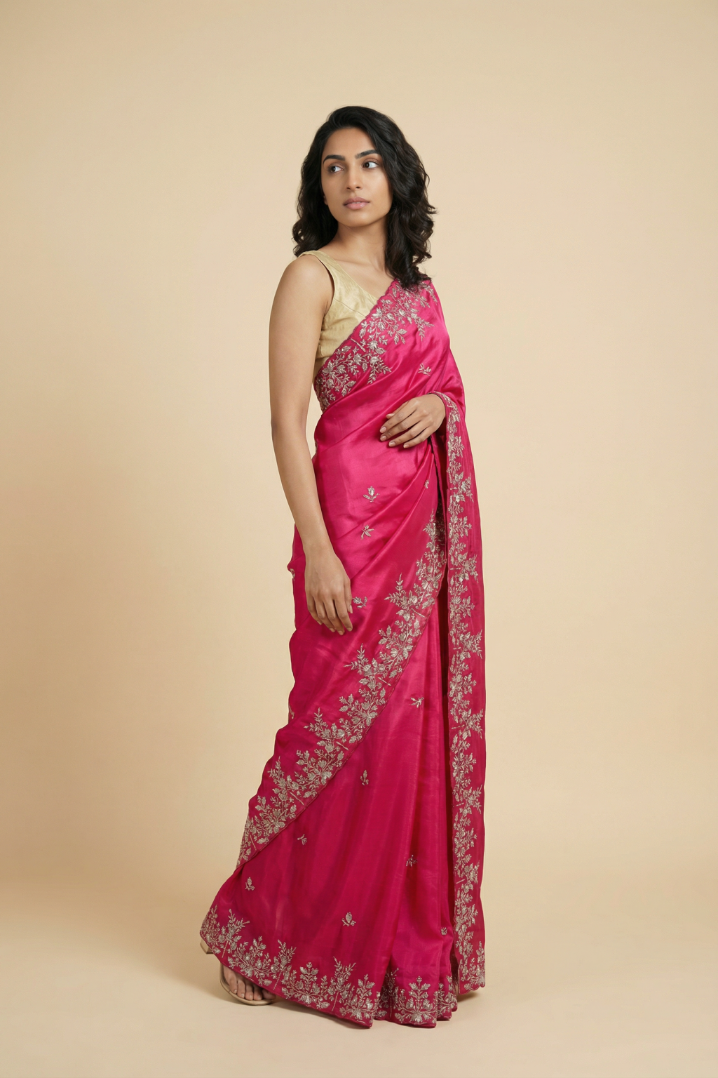 Pink Satin Saree with Kardhana and Sequin Embroidery