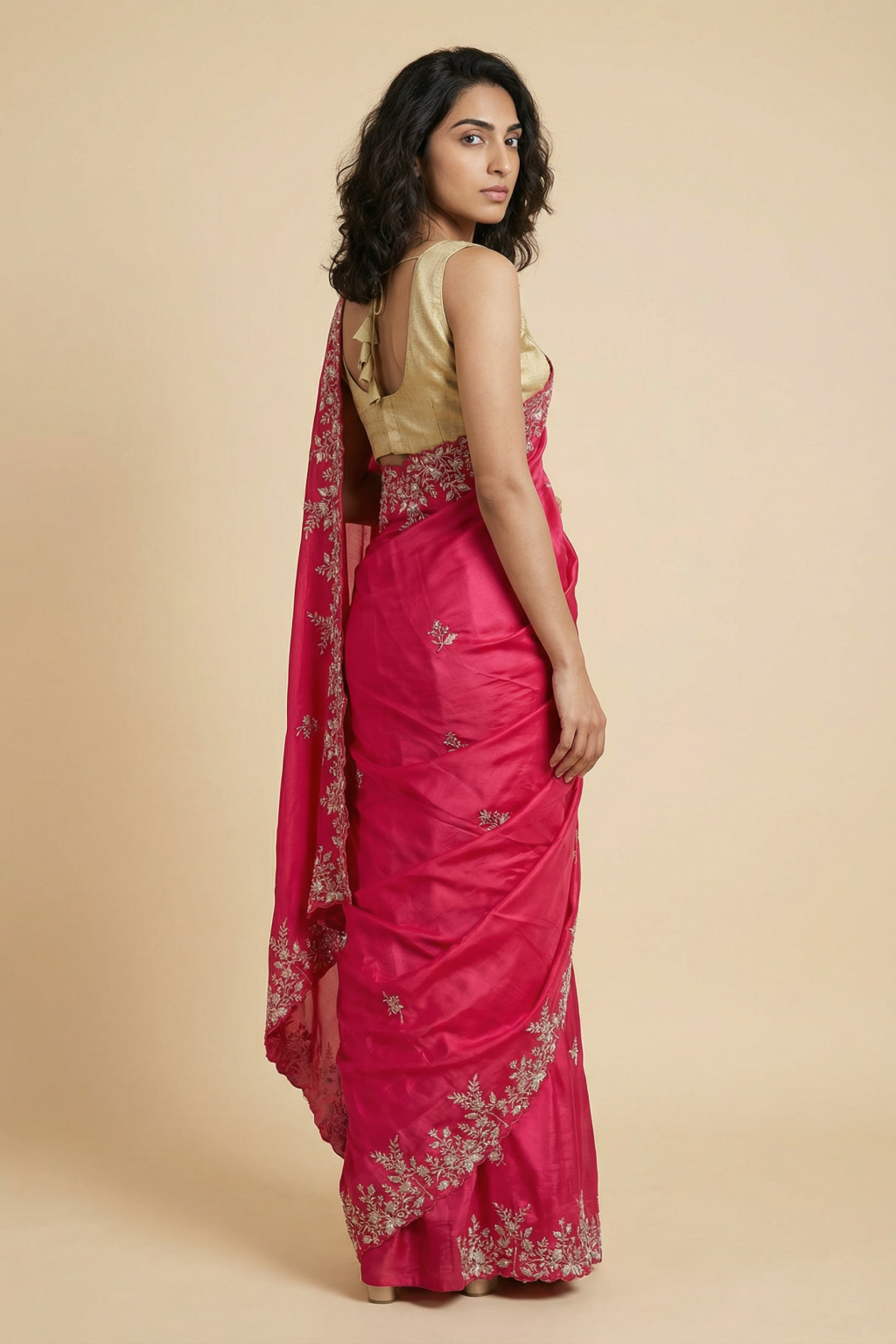 Pink Satin Saree with Kardhana and Sequin Embroidery