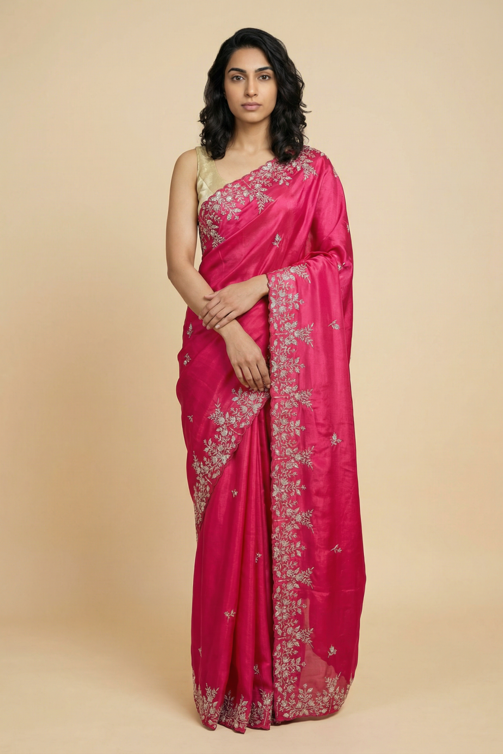 Pink Satin Saree with Kardhana and Sequin Embroidery