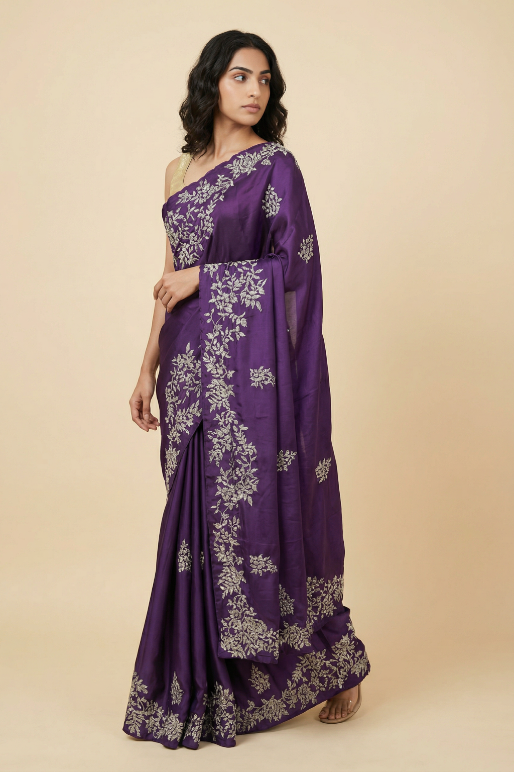 Navy Blue Satin Saree with Kardhana and Sequin Embroidery