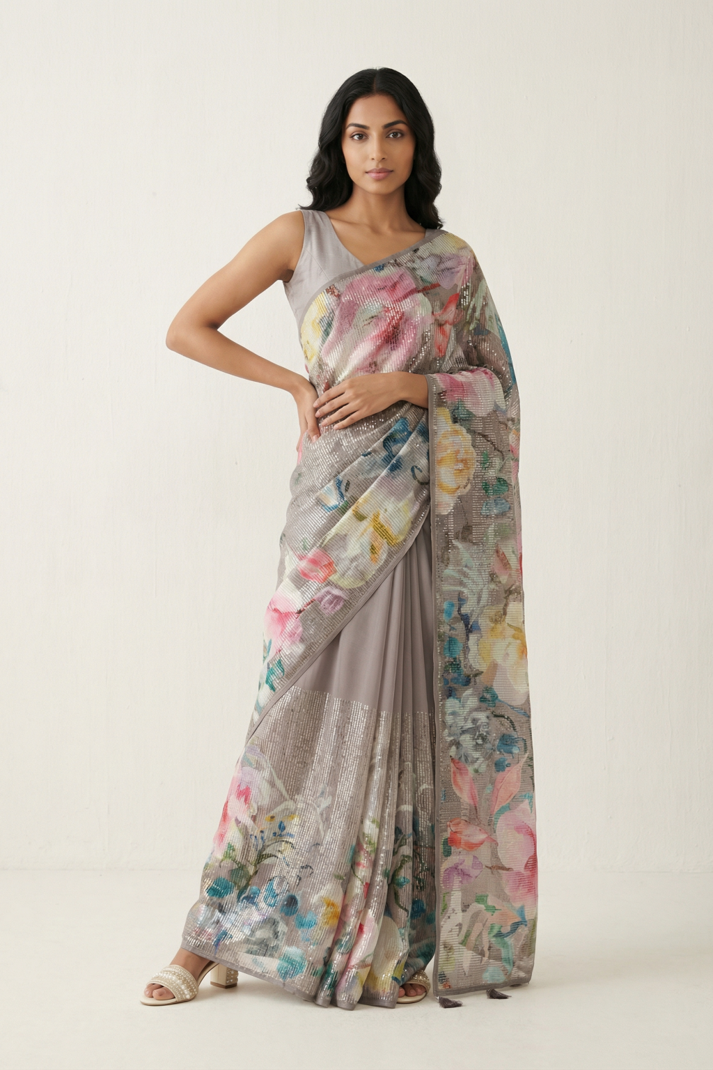 Onion Pink Georgette Sequin Saree