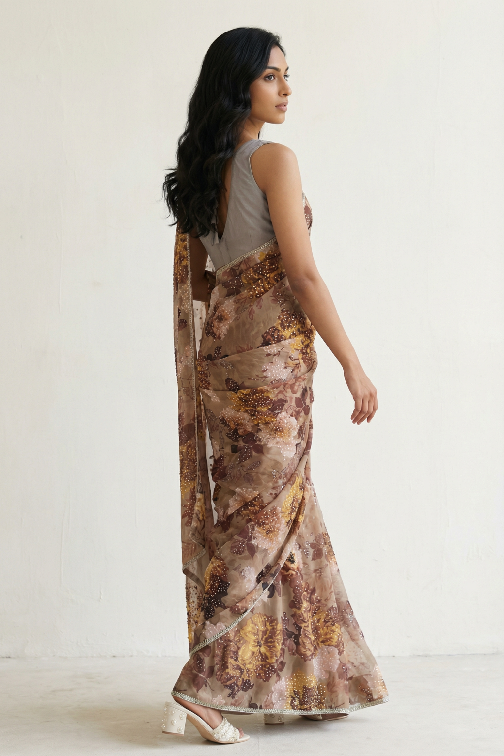 Brown Georgette Saree with Floral Print and Sequin Embellishments