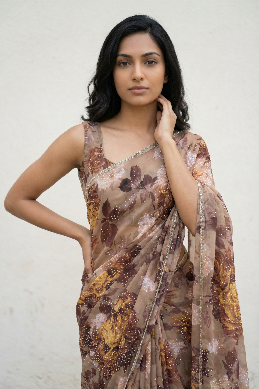 Brown Georgette Saree with Floral Print and Sequin Embellishments