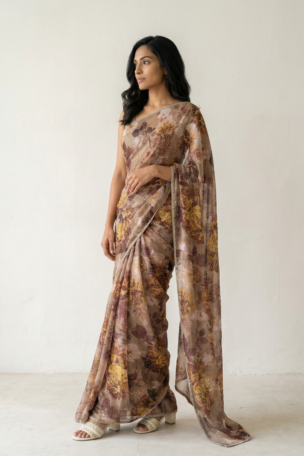 Brown Georgette Saree with Floral Print and Sequin Embellishments