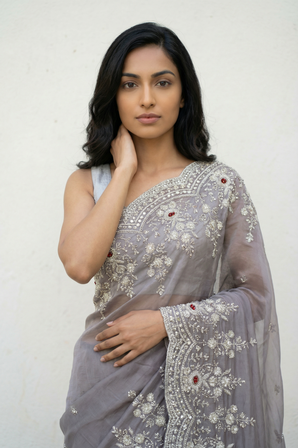Dusty Lavender Tissue Organza Saree with Pearl and Sequin Embroidery