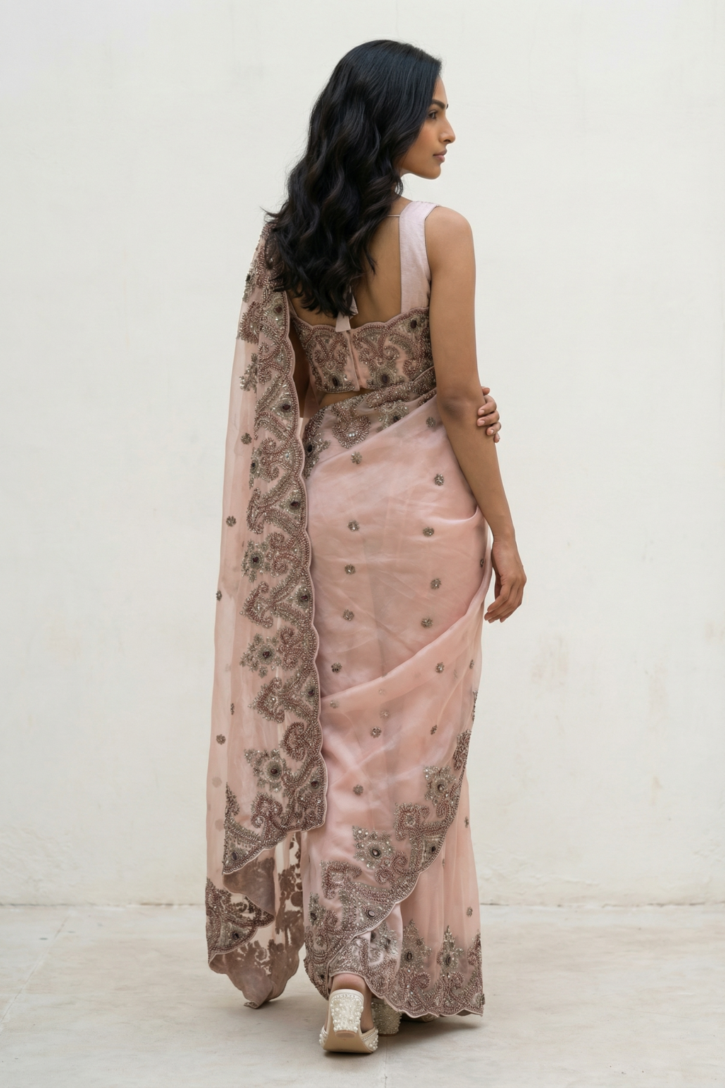 Peach Tissue Organza Saree with Antique Zardosi Work and Bead Highlights