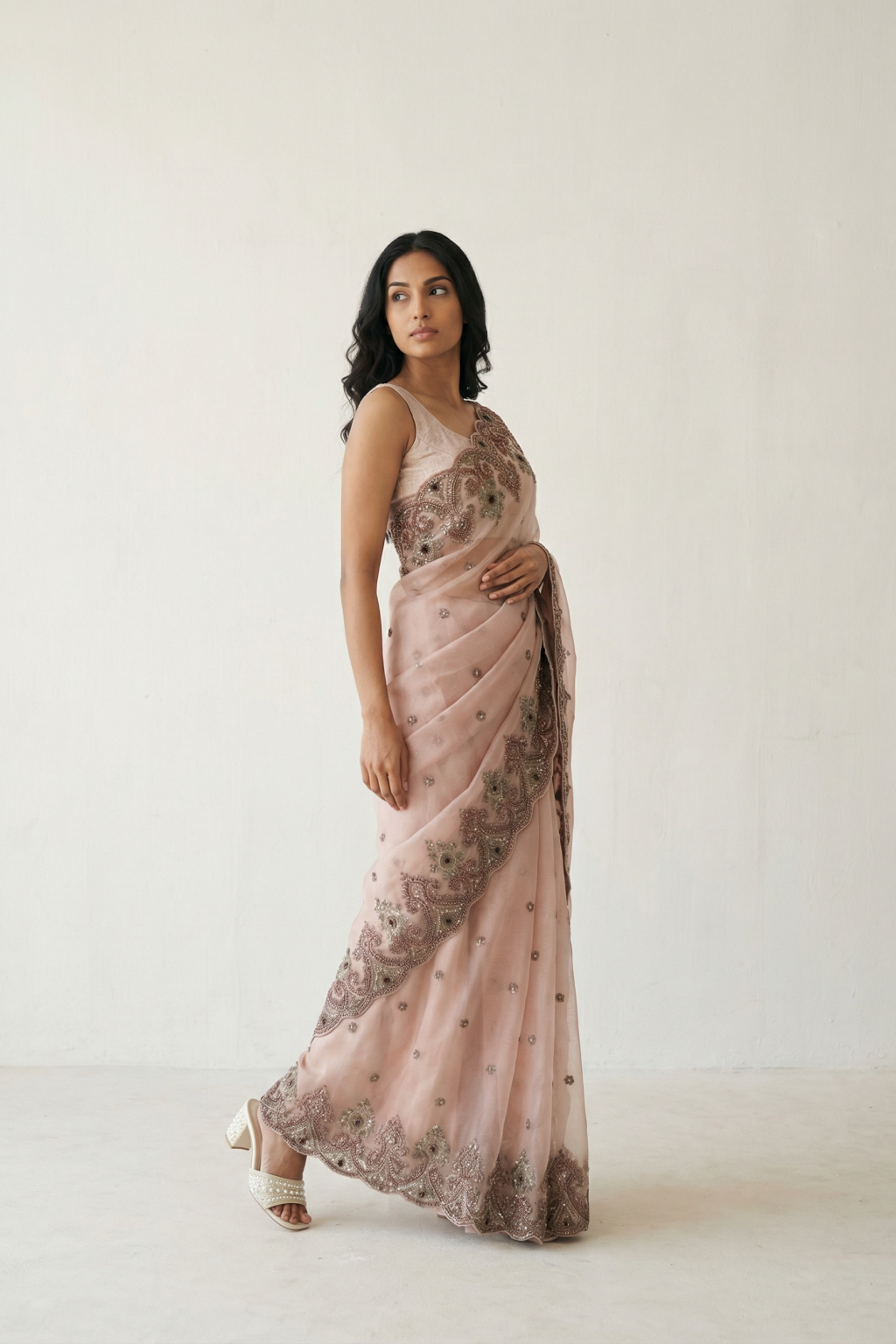 Peach Tissue Organza Saree with Antique Zardosi Work and Bead Highlights