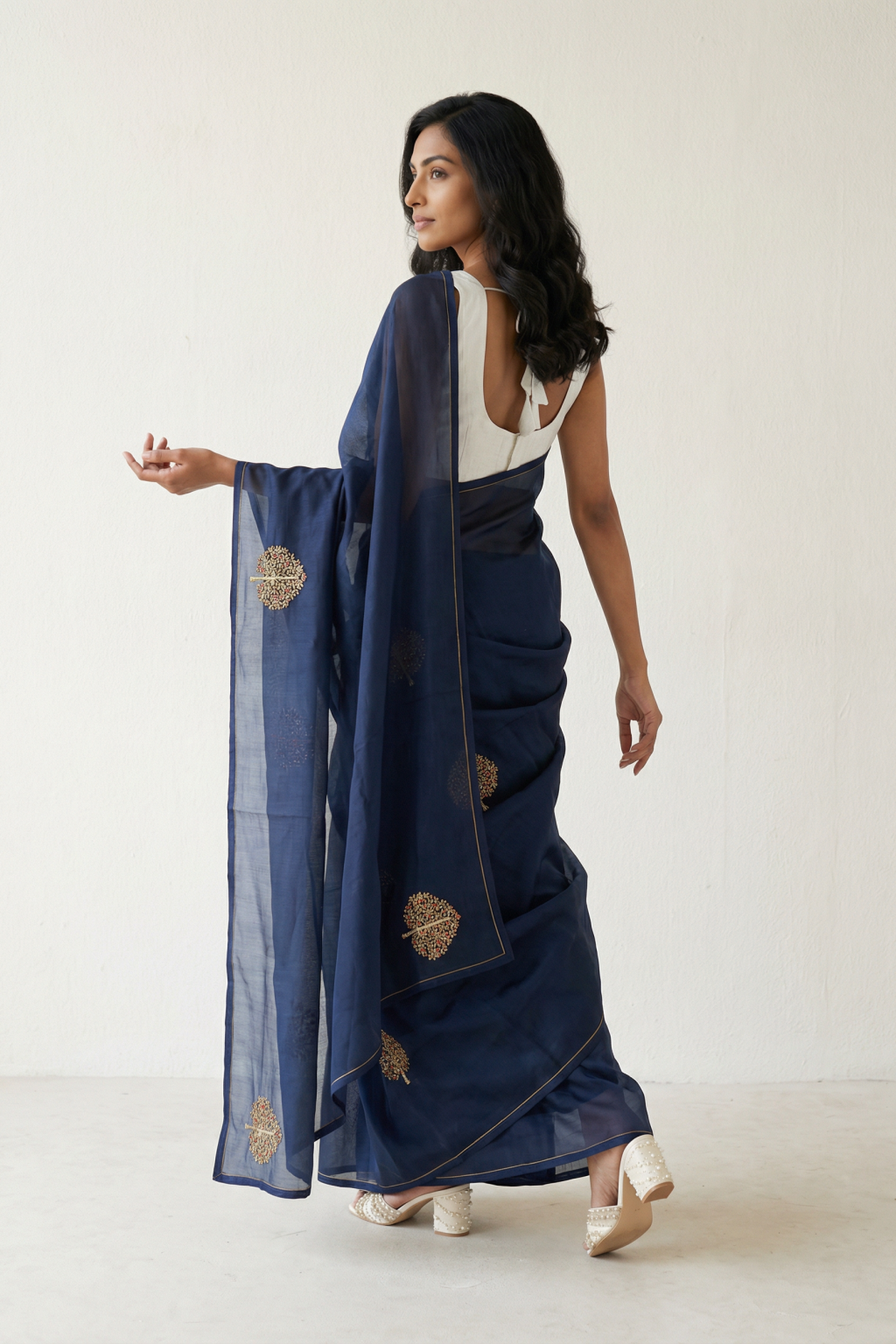Navy Blue Organza Saree with Gold Tree Motifs