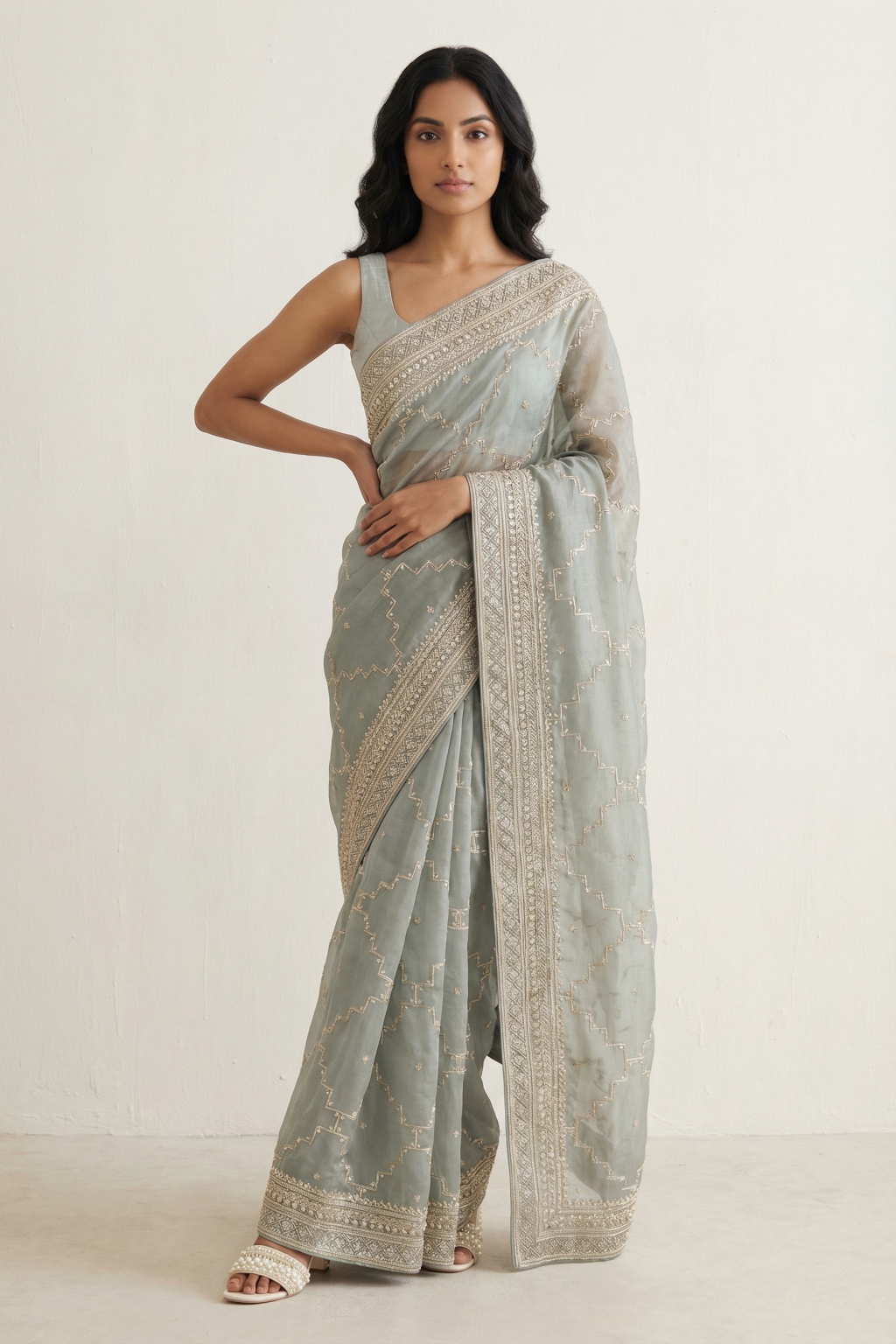 Powder Blue Tissue Organza Saree with Pearl and Sequin Embroidery