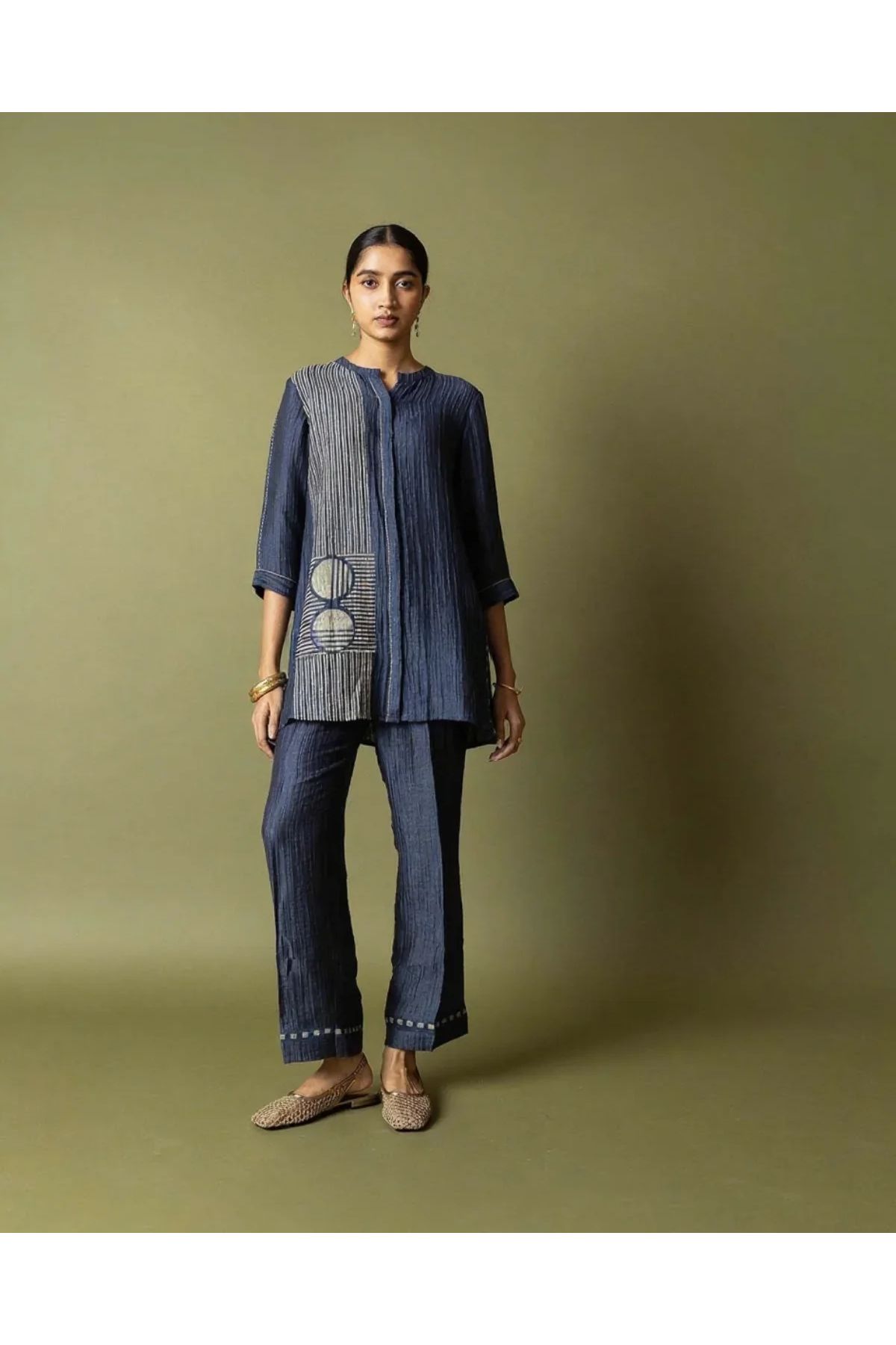 Navy Blue Textured Cotton Co-ord Set - Mokshaa
