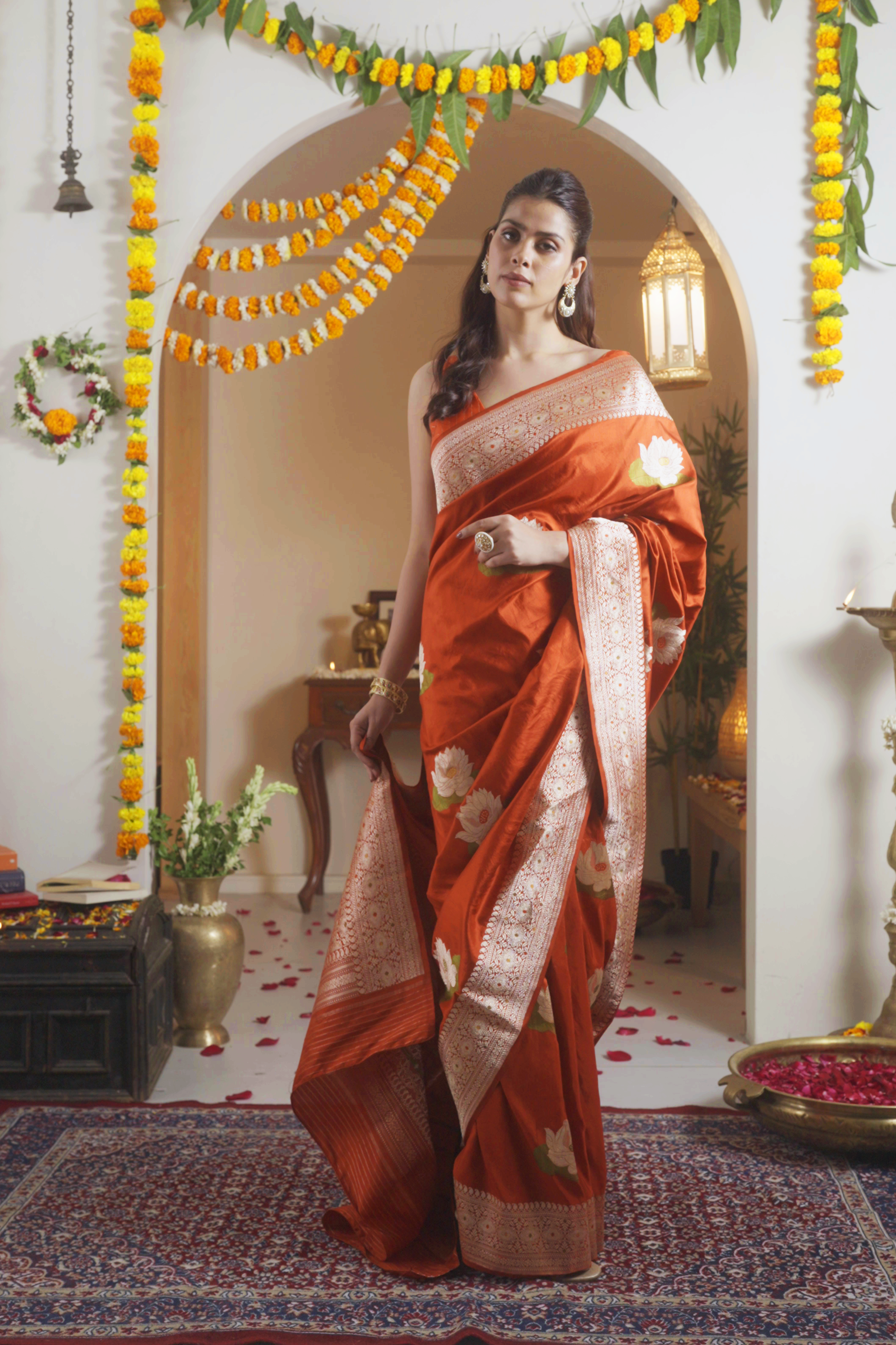 Rust Banarasi Silk Saree