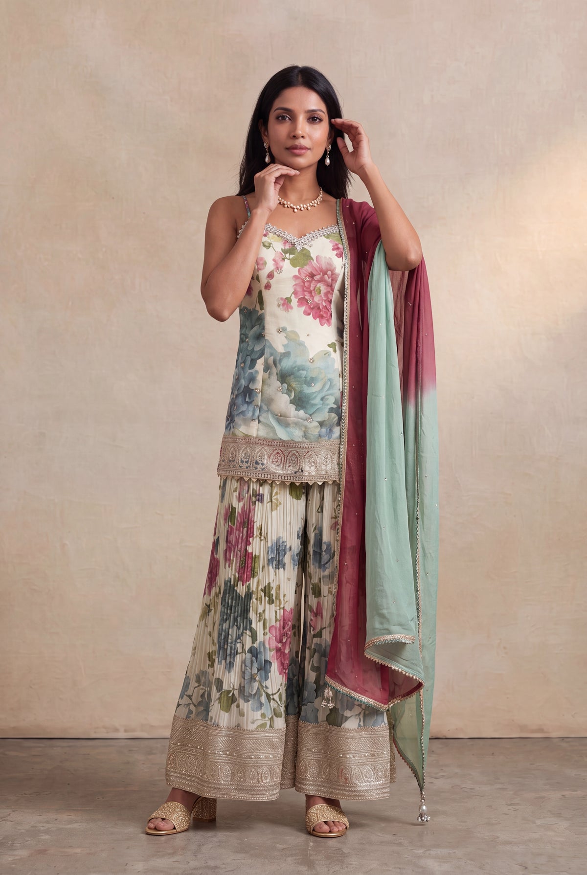 Ivory Floral Printed Tissue Sharara Set with Zari Border - Mokshaa