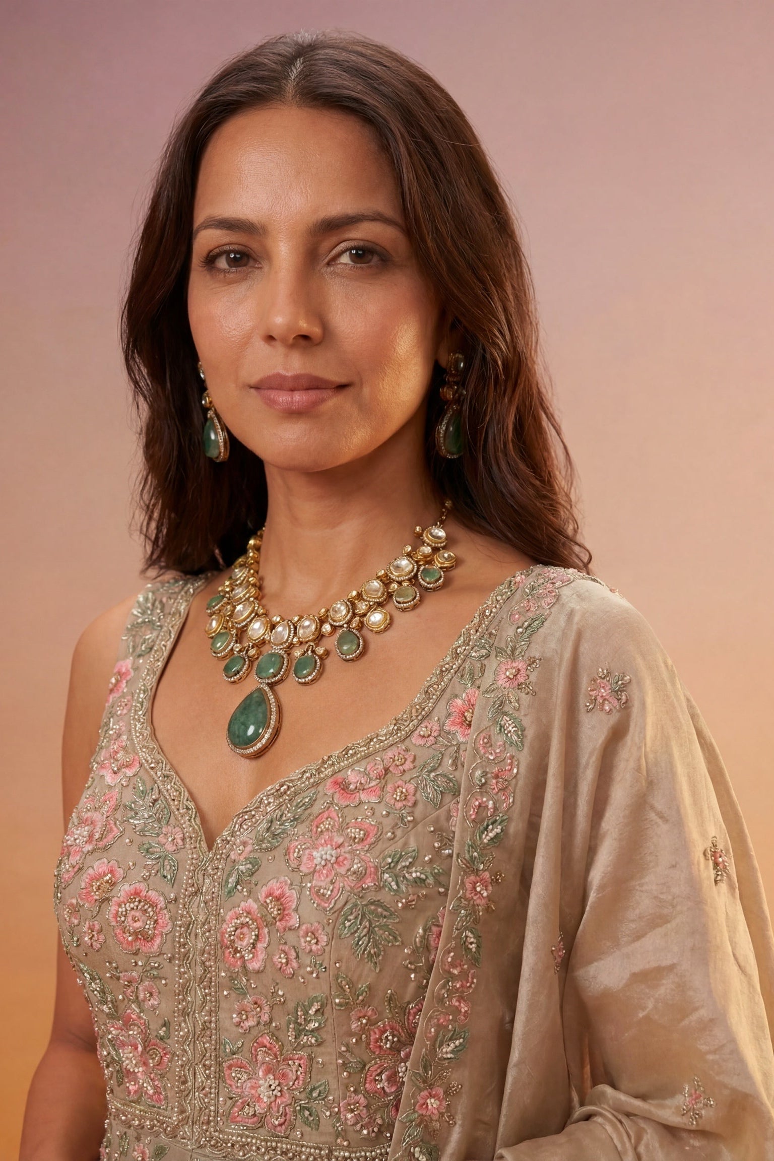 Champagne Beige Tissue Silk Indo-Western Lehenga