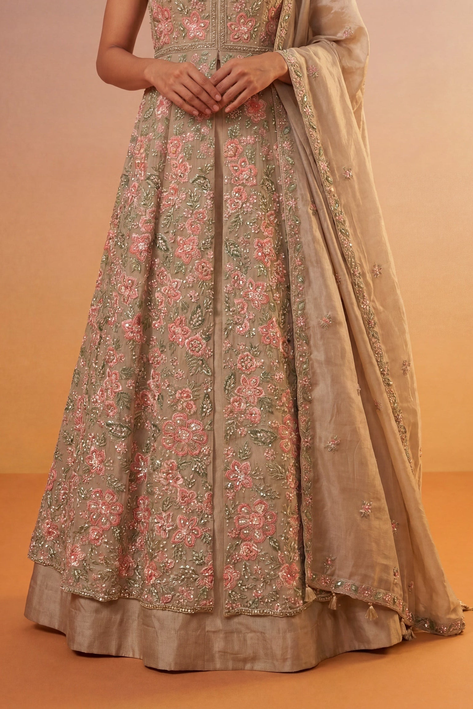 Champagne Beige Tissue Silk Indo-Western Lehenga