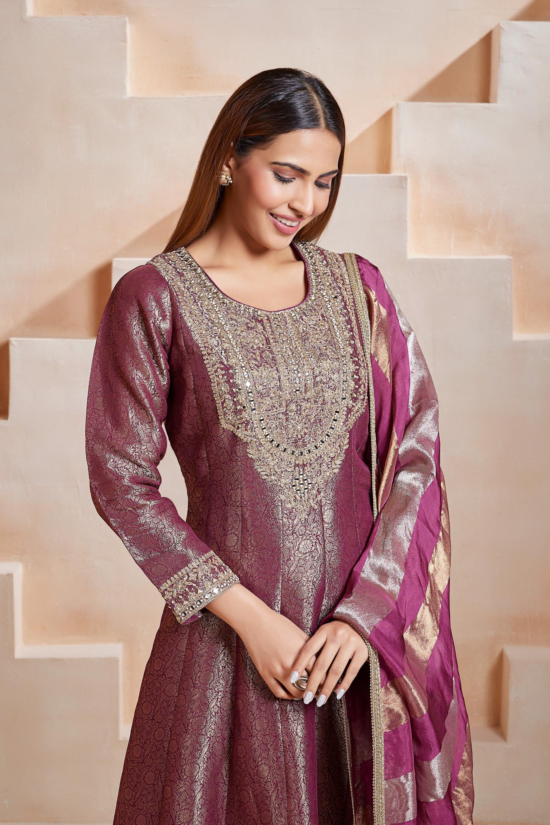 Wine Tissue Silk Anarkali Set with Dupatta