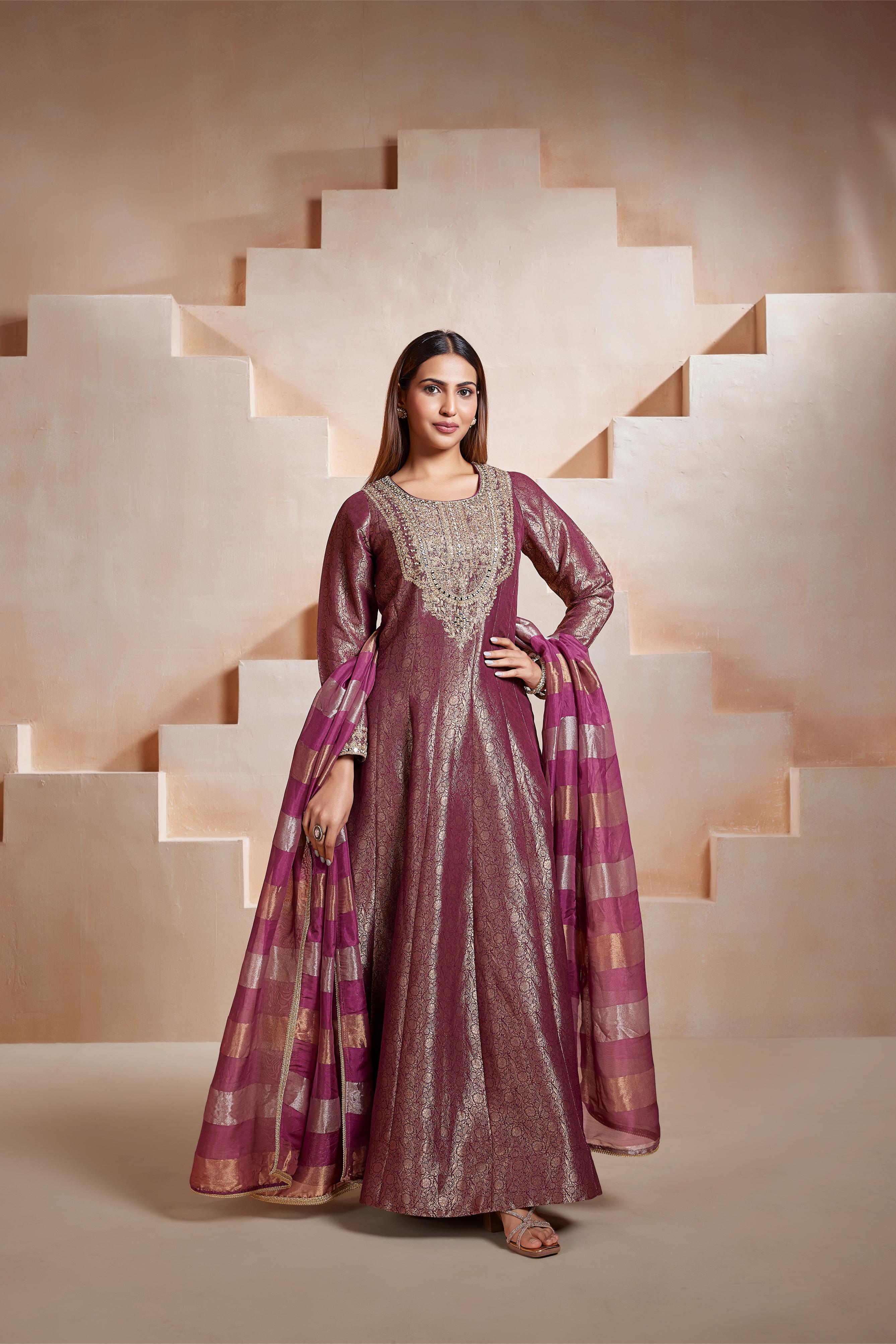 Wine Tissue Silk Anarkali Set with Dupatta