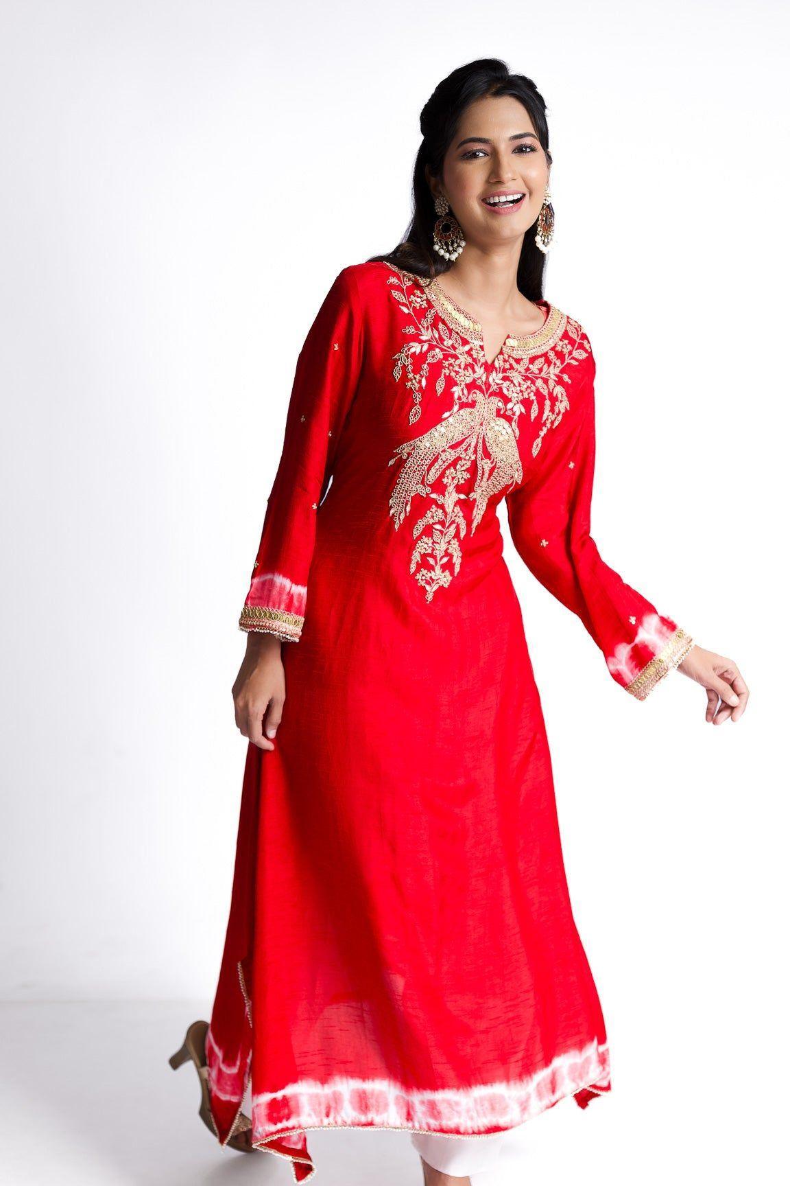 Red Silk Kurti Set - Mokshaa