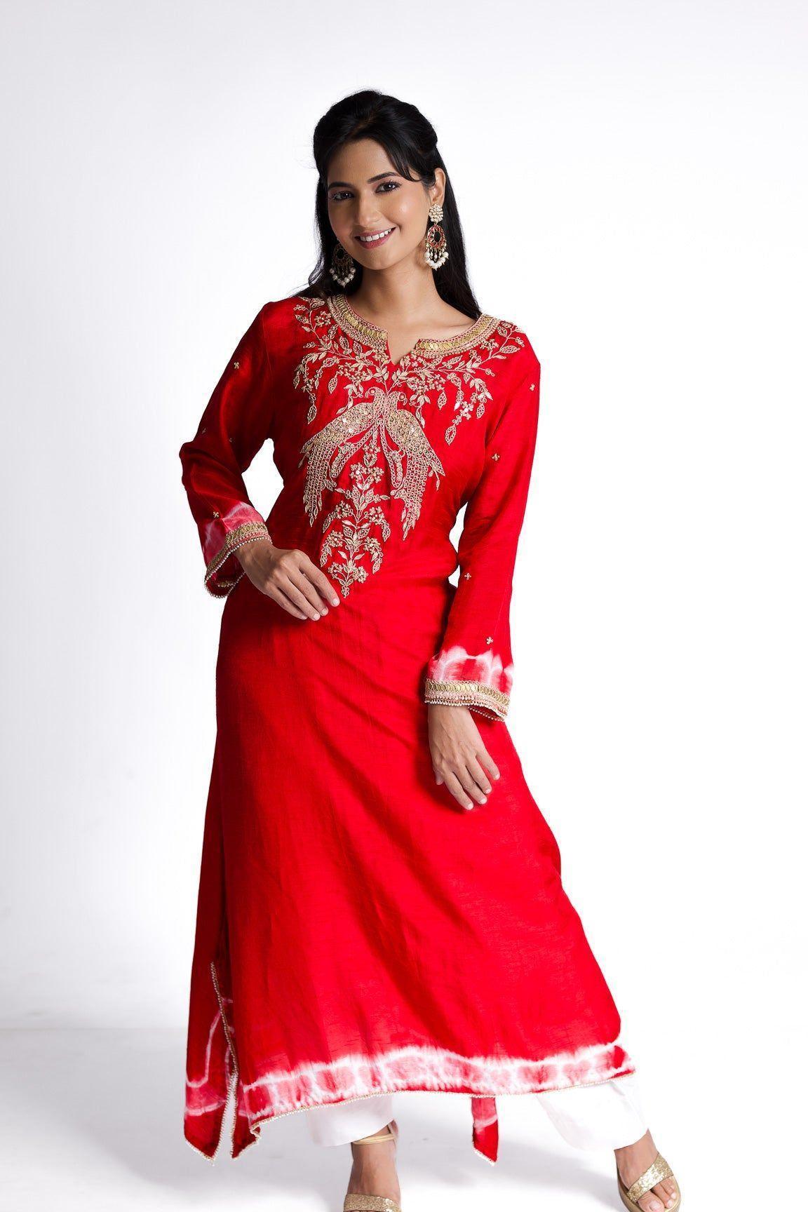 Red Silk Kurti Set - Mokshaa