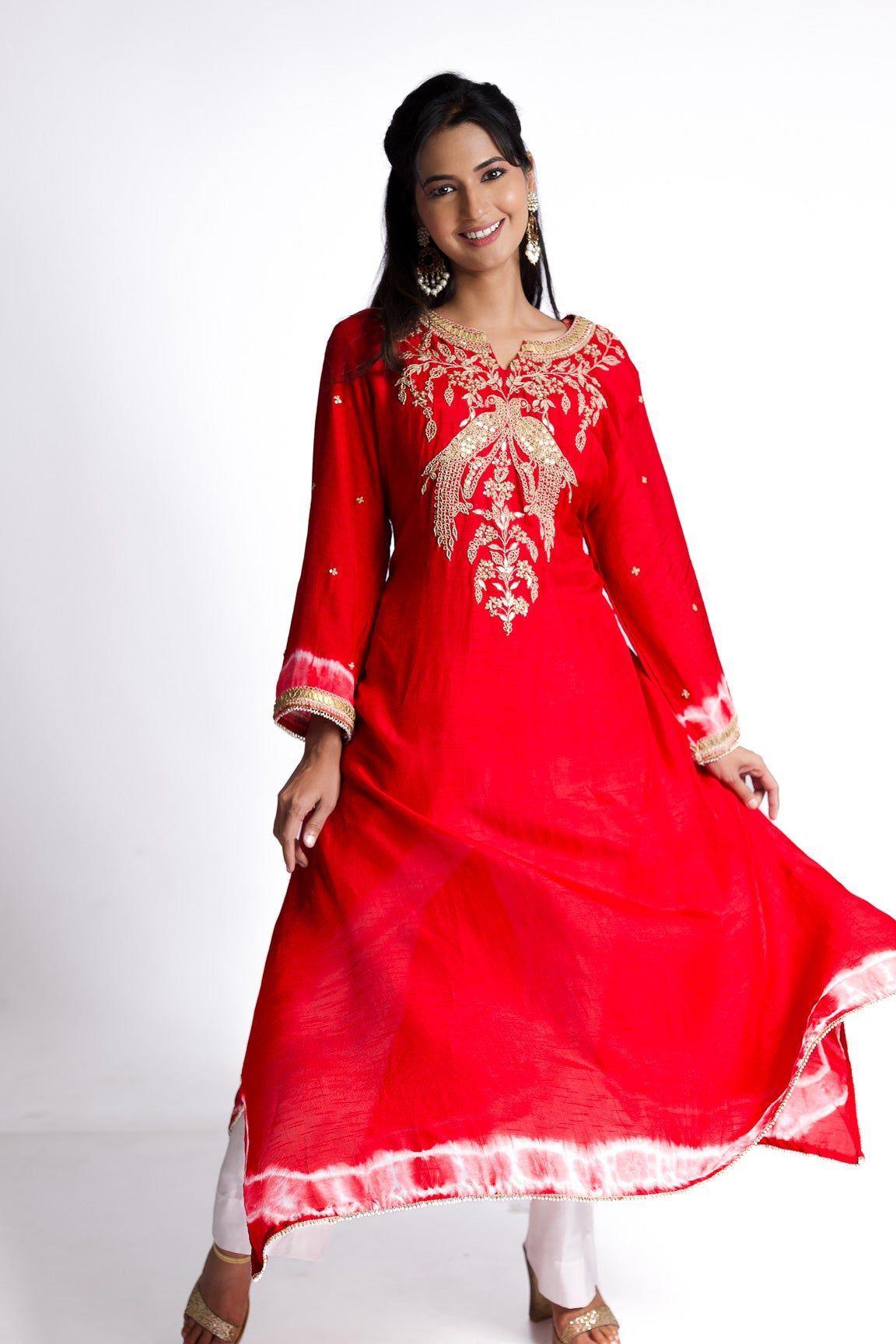 Red Silk Kurti Set - Mokshaa