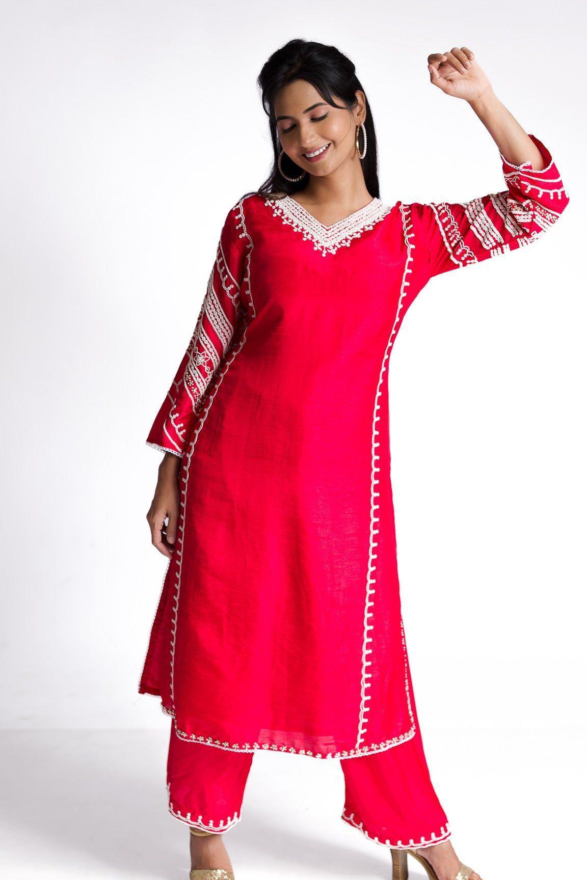 Red Silk Kurti Set - Mokshaa