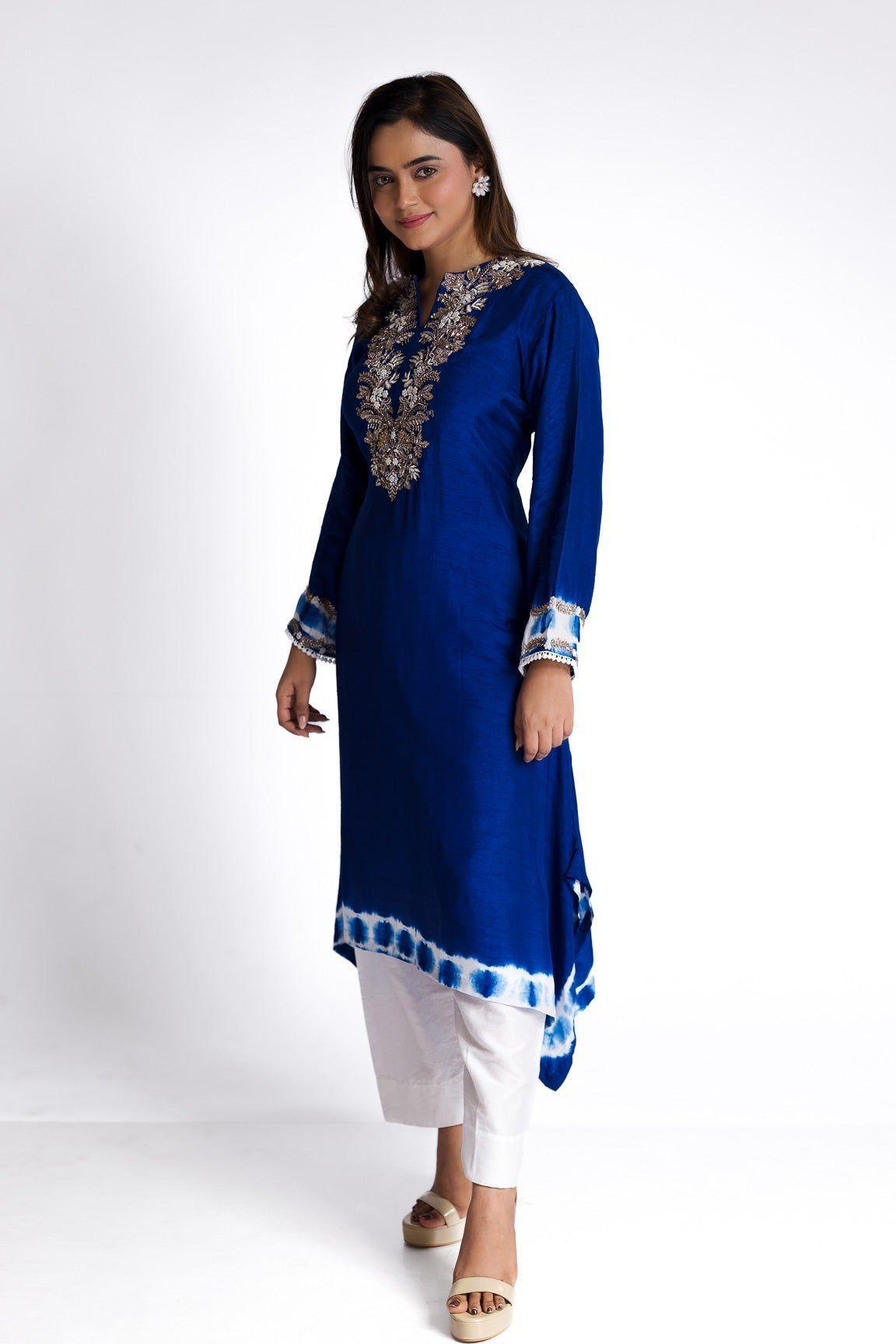 Royal Blue Silk Kurti Set - Mokshaa