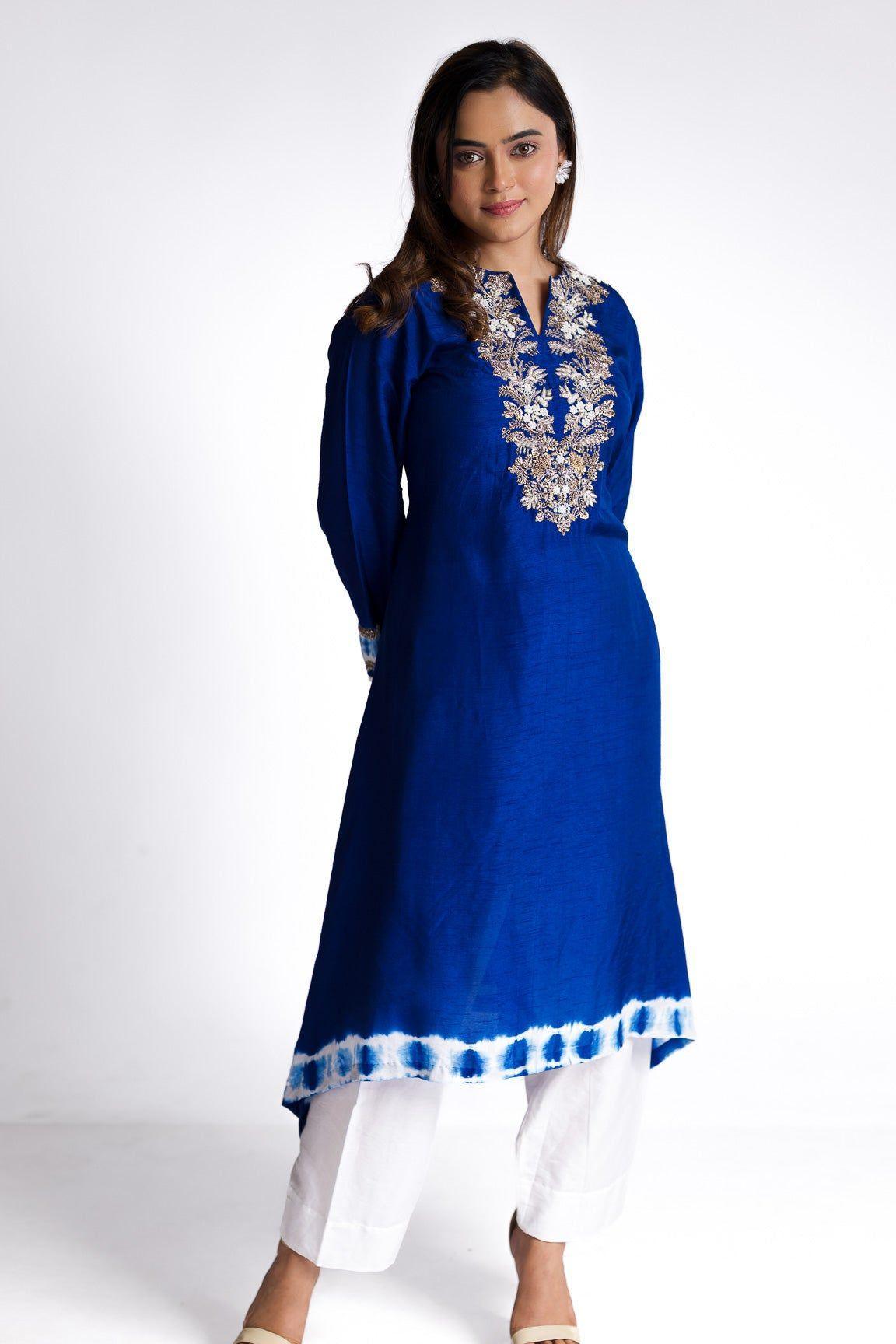 Royal Blue Silk Kurti Set - Mokshaa