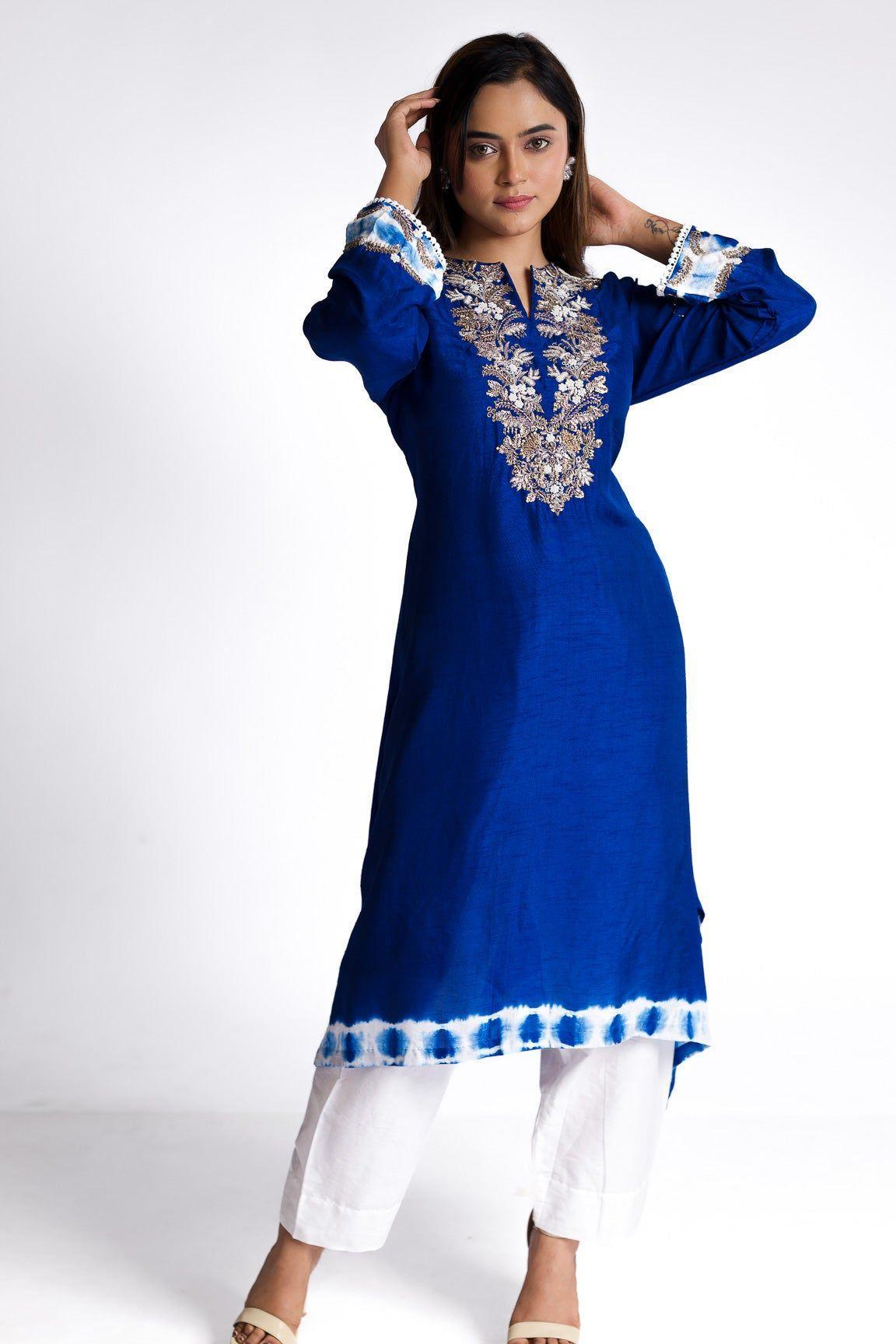 Royal Blue Silk Kurti Set - Mokshaa