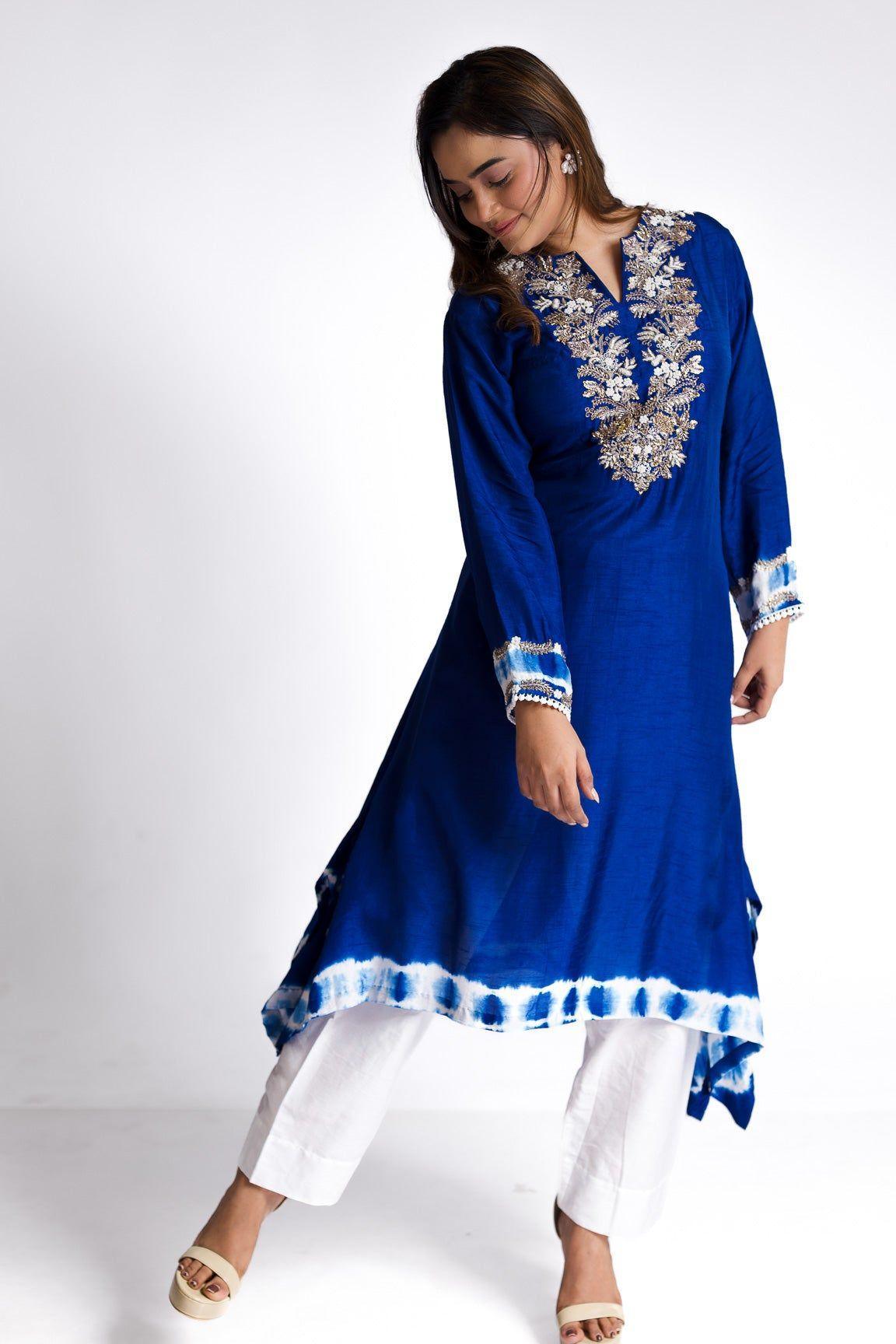 Royal Blue Silk Kurti Set - Mokshaa