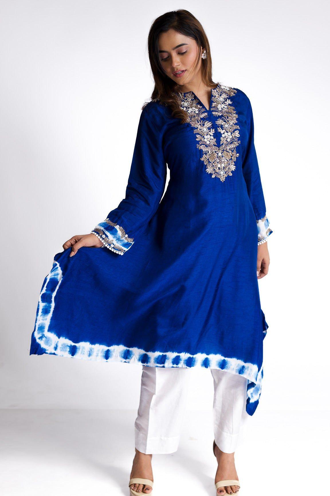 Royal Blue Silk Kurti Set - Mokshaa