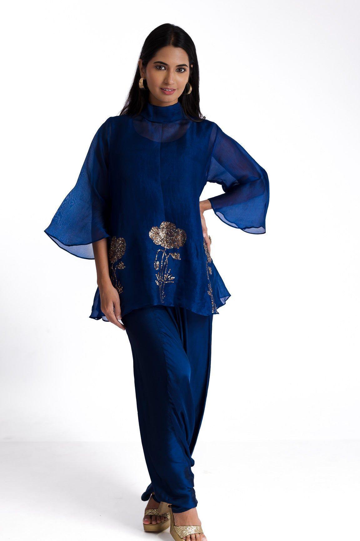Azure Blue Organza Top And Pants Set - Mokshaa