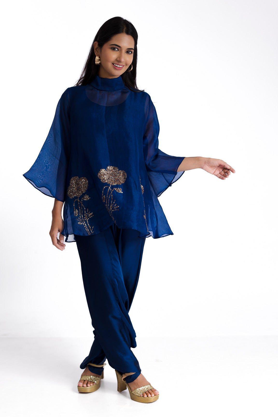 Azure Blue Organza Top And Pants Set - Mokshaa