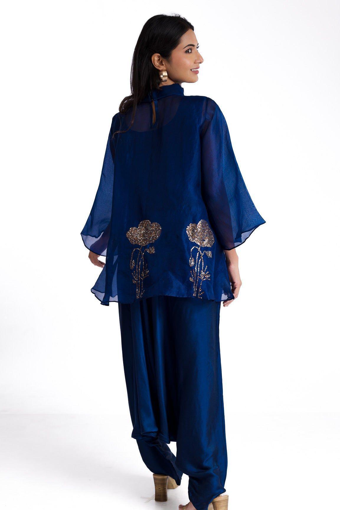 Azure Blue Organza Top And Pants Set - Mokshaa
