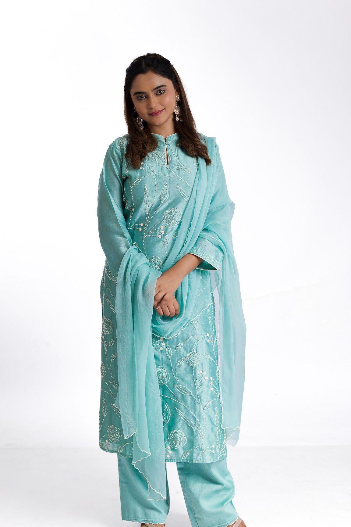 Mint Green Silk Kurta Set - Mokshaa