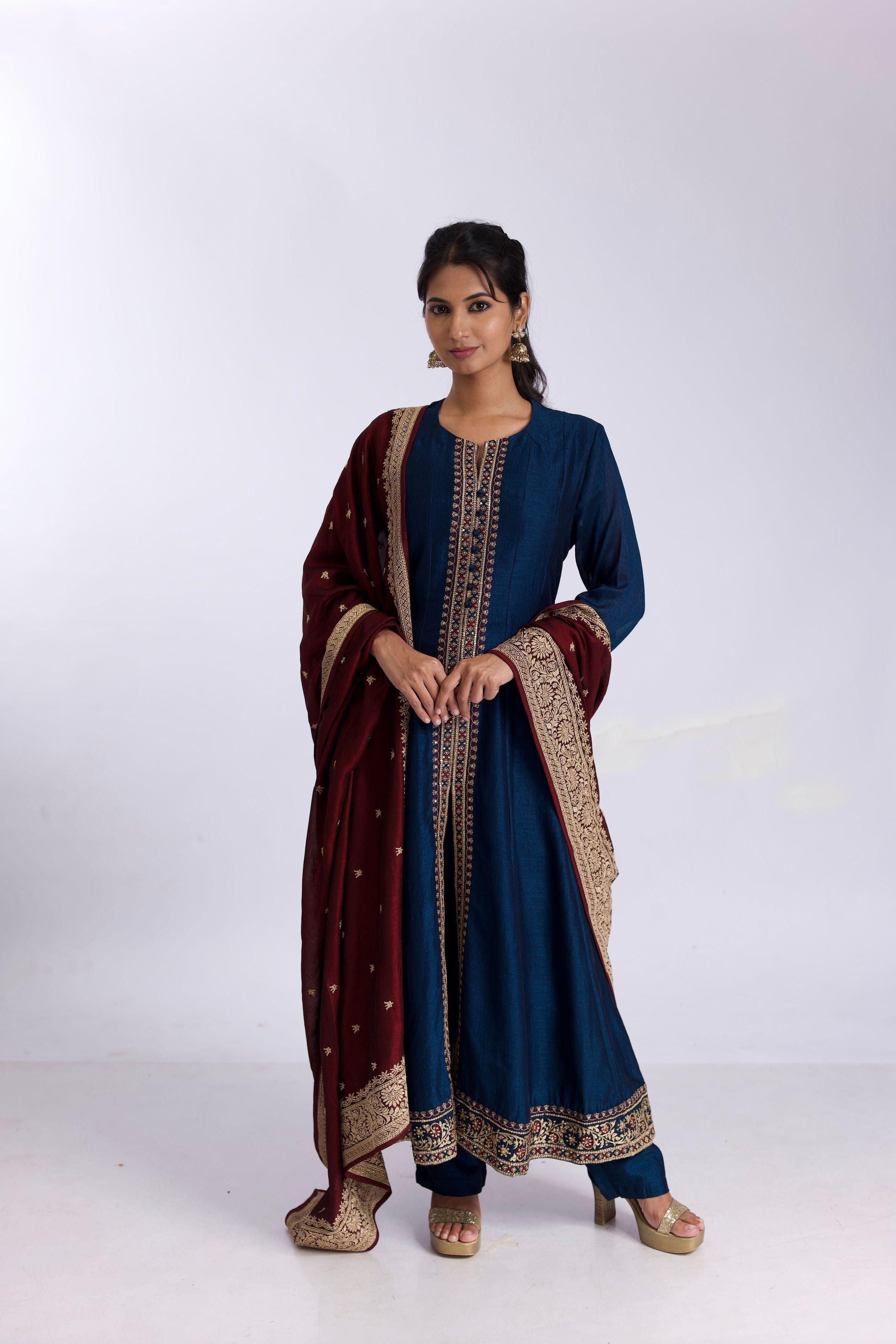 Royal Blue Silk Anarkali Suit Set With Satin-Silk Dupatta - Mokshaa