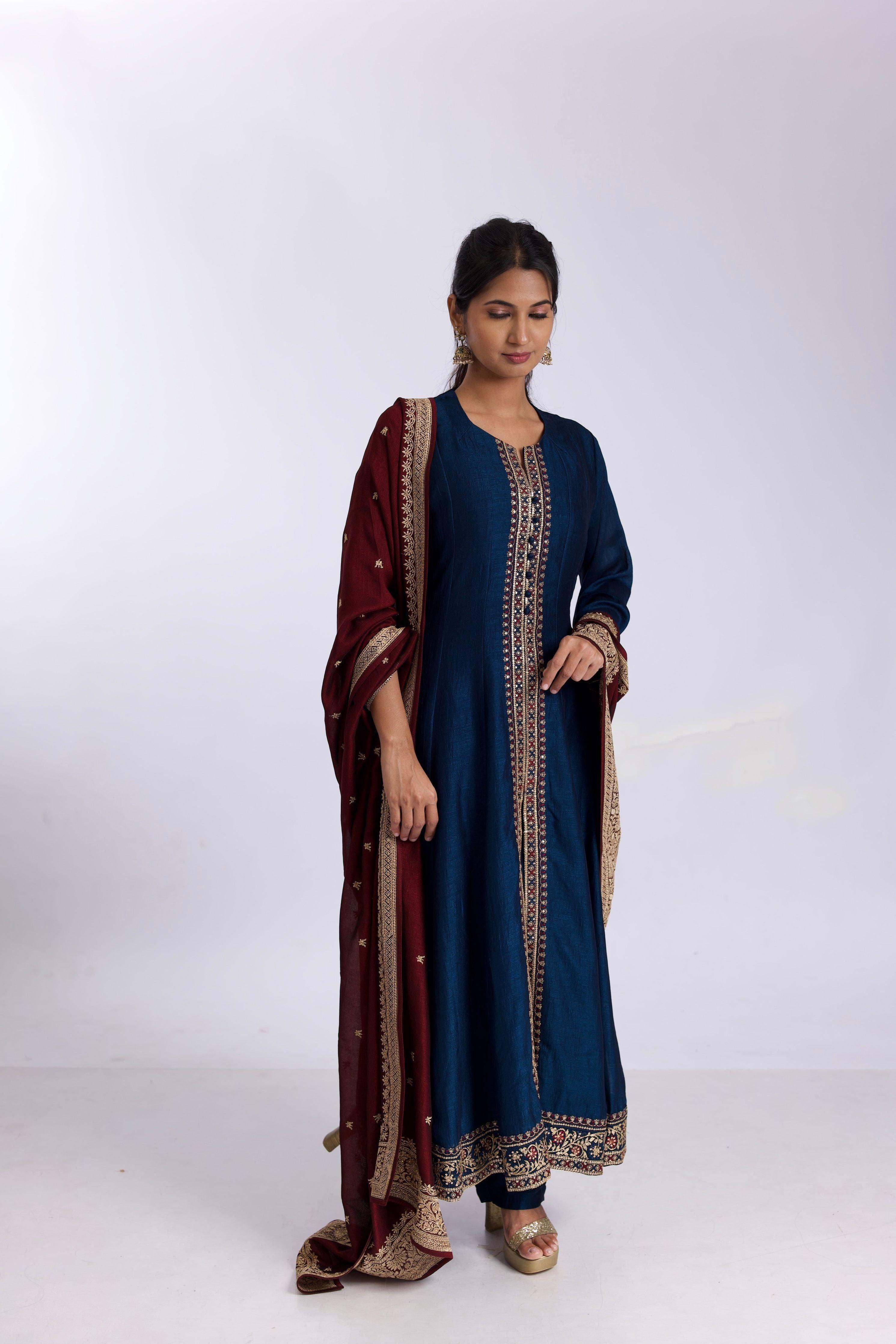 Royal Blue Silk Anarkali Suit Set With Satin-Silk Dupatta - Mokshaa