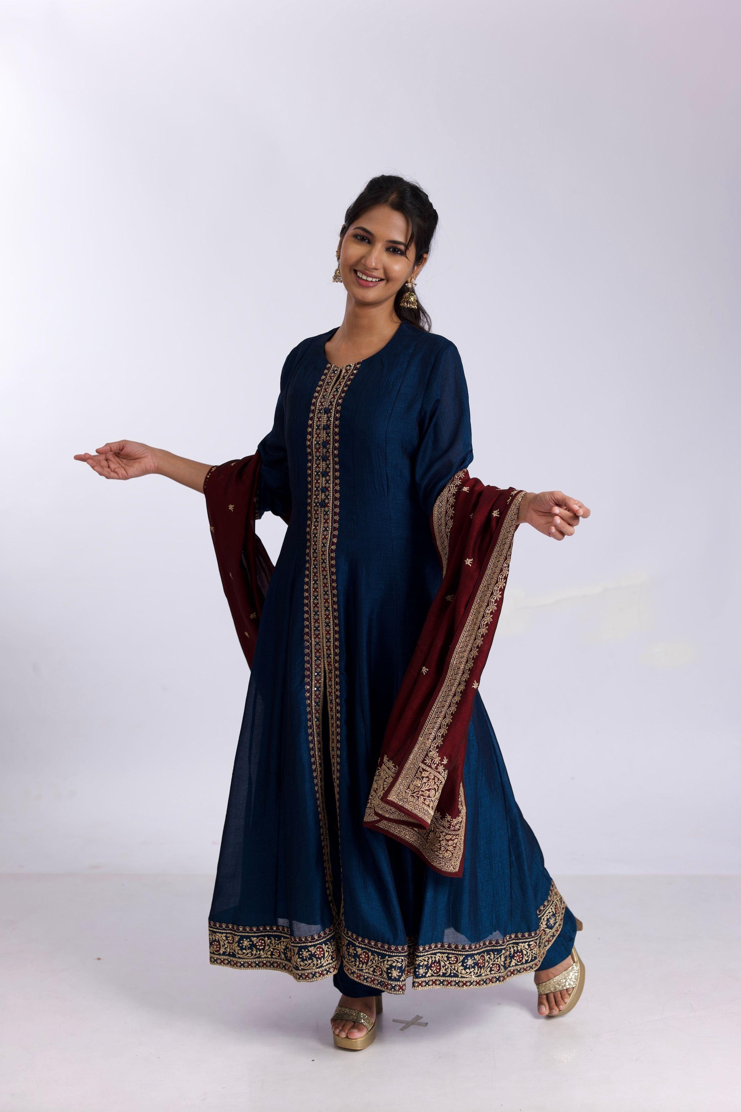 Royal Blue Silk Anarkali Suit Set With Satin-Silk Dupatta - Mokshaa
