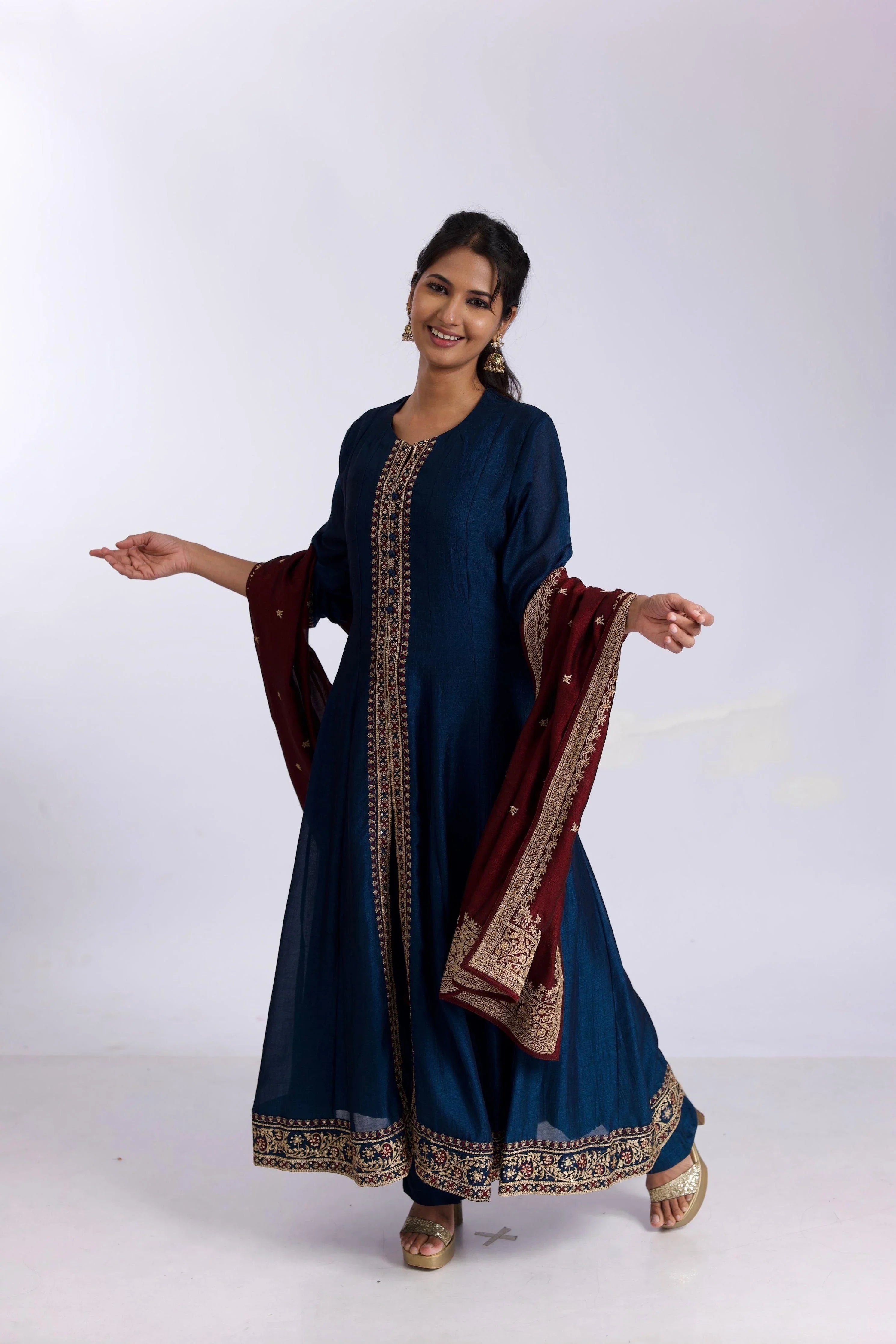 Royal Blue Silk Anarkali Suit Set With Satin-Silk Dupatta - Mokshaa