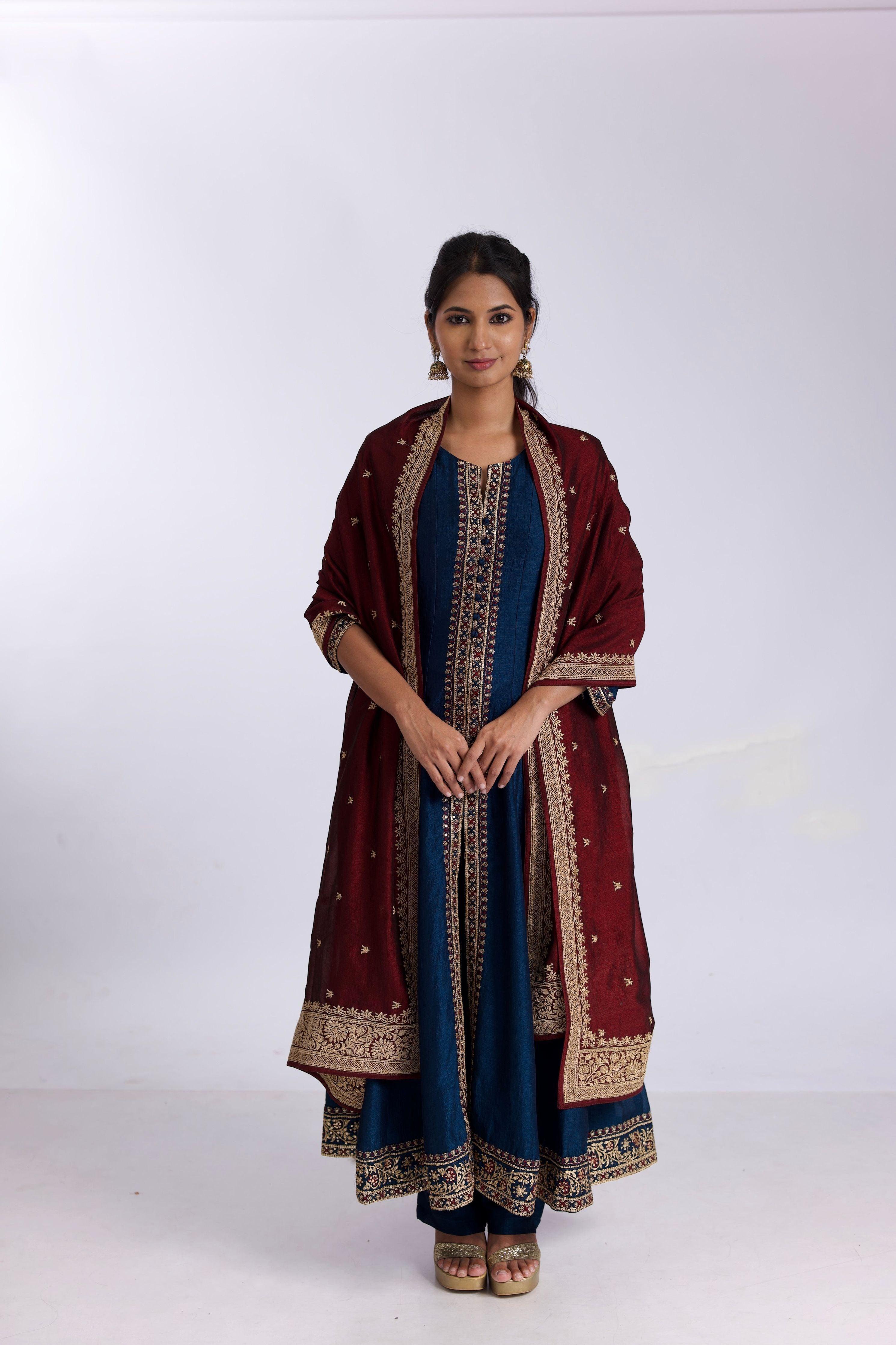 Royal Blue Silk Anarkali Suit Set With Satin-Silk Dupatta - Mokshaa