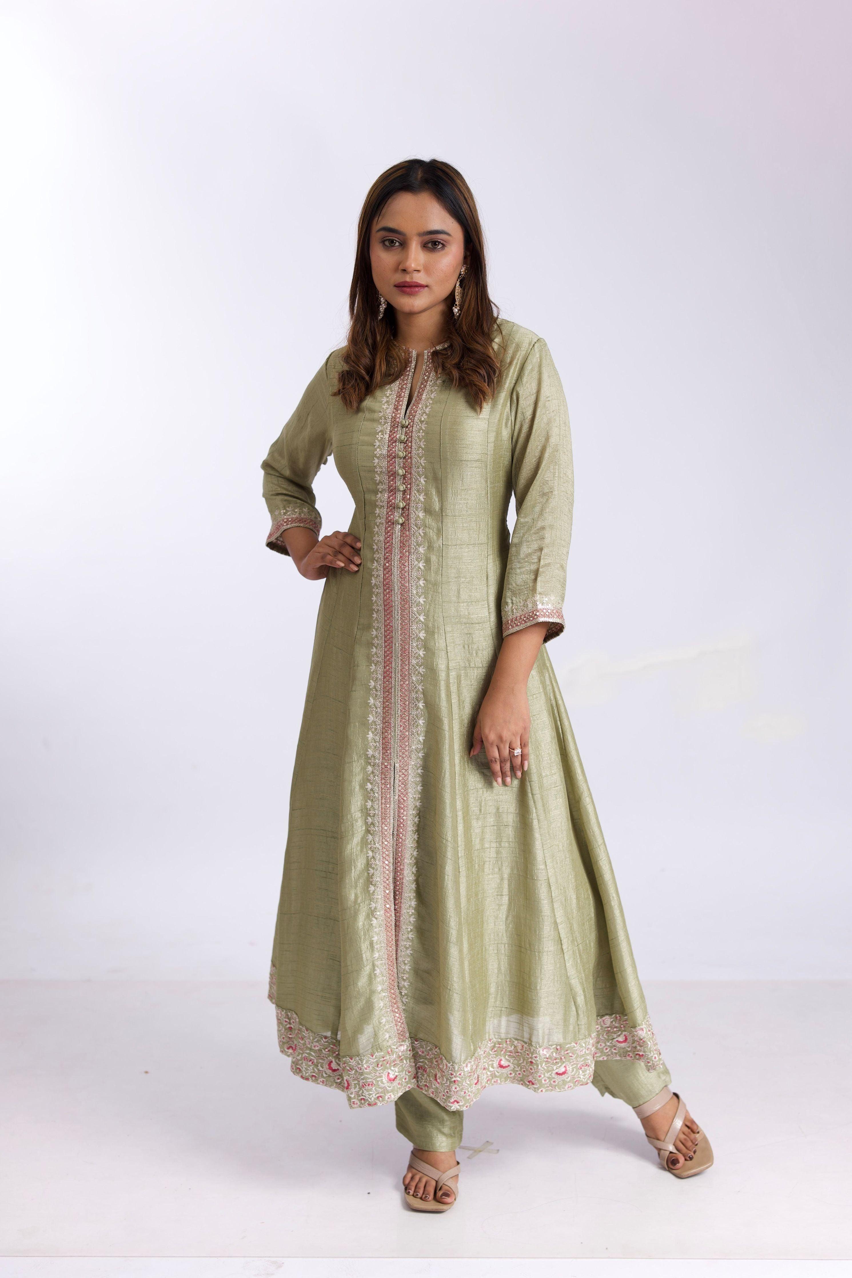Stunning Sage Green Silk Anarkali Suit Set With Pink Satin-Silk Dupatta - Mokshaa