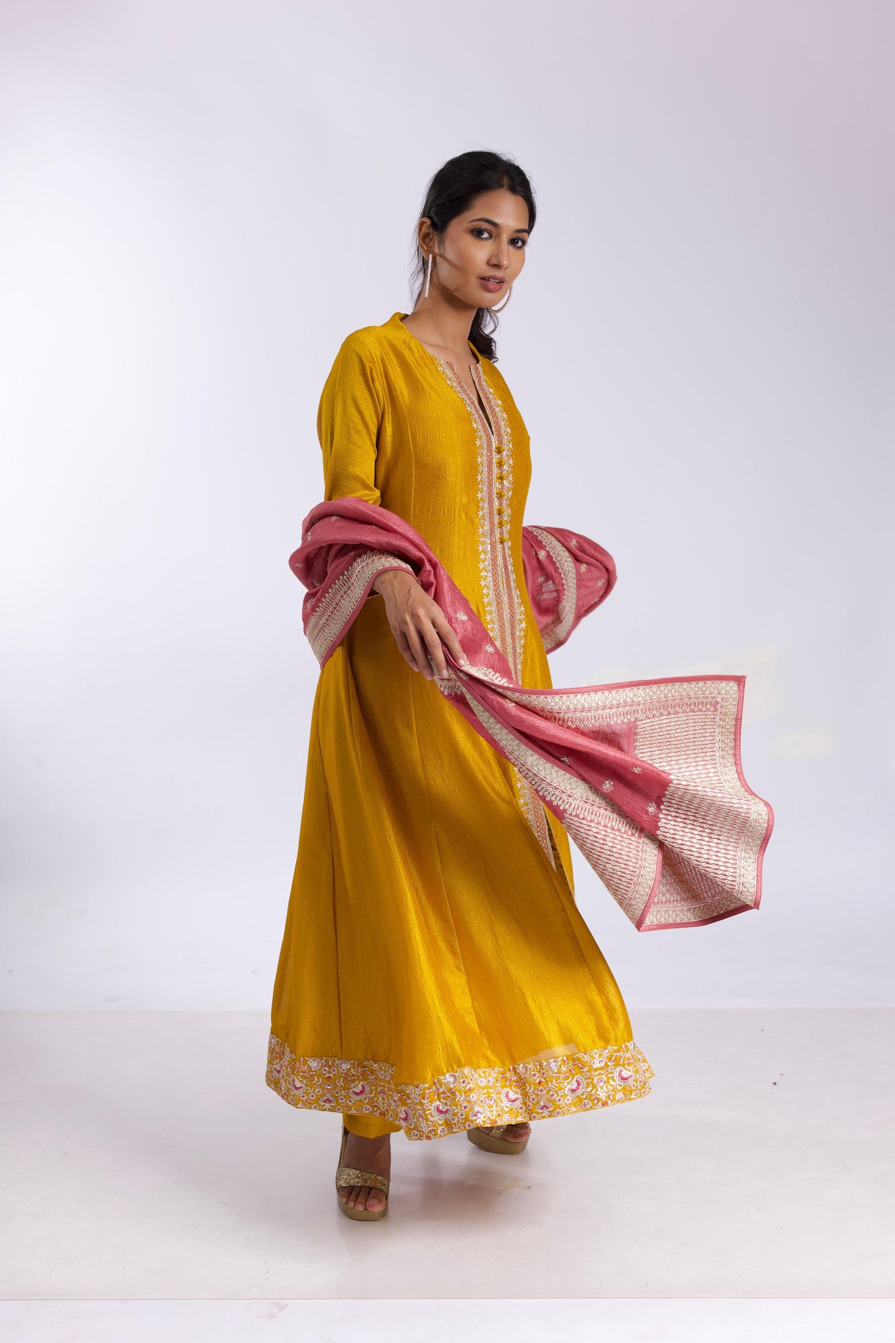 Elegant Mustard Silk Anarkali Suit Set With Salmon Pink Satin-Silk Dupatta - Mokshaa