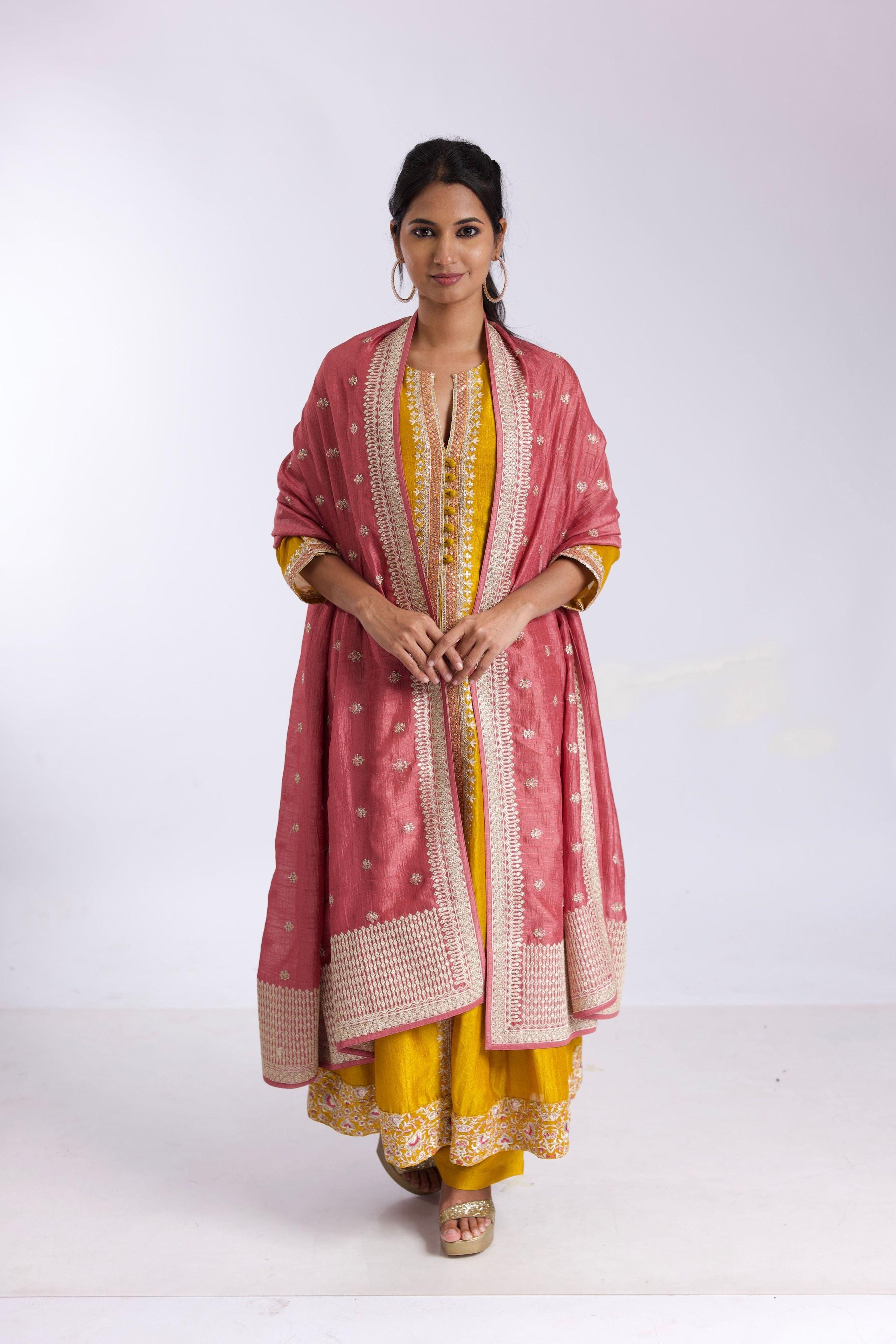 Elegant Mustard Silk Anarkali Suit Set With Salmon Pink Satin-Silk Dupatta - Mokshaa
