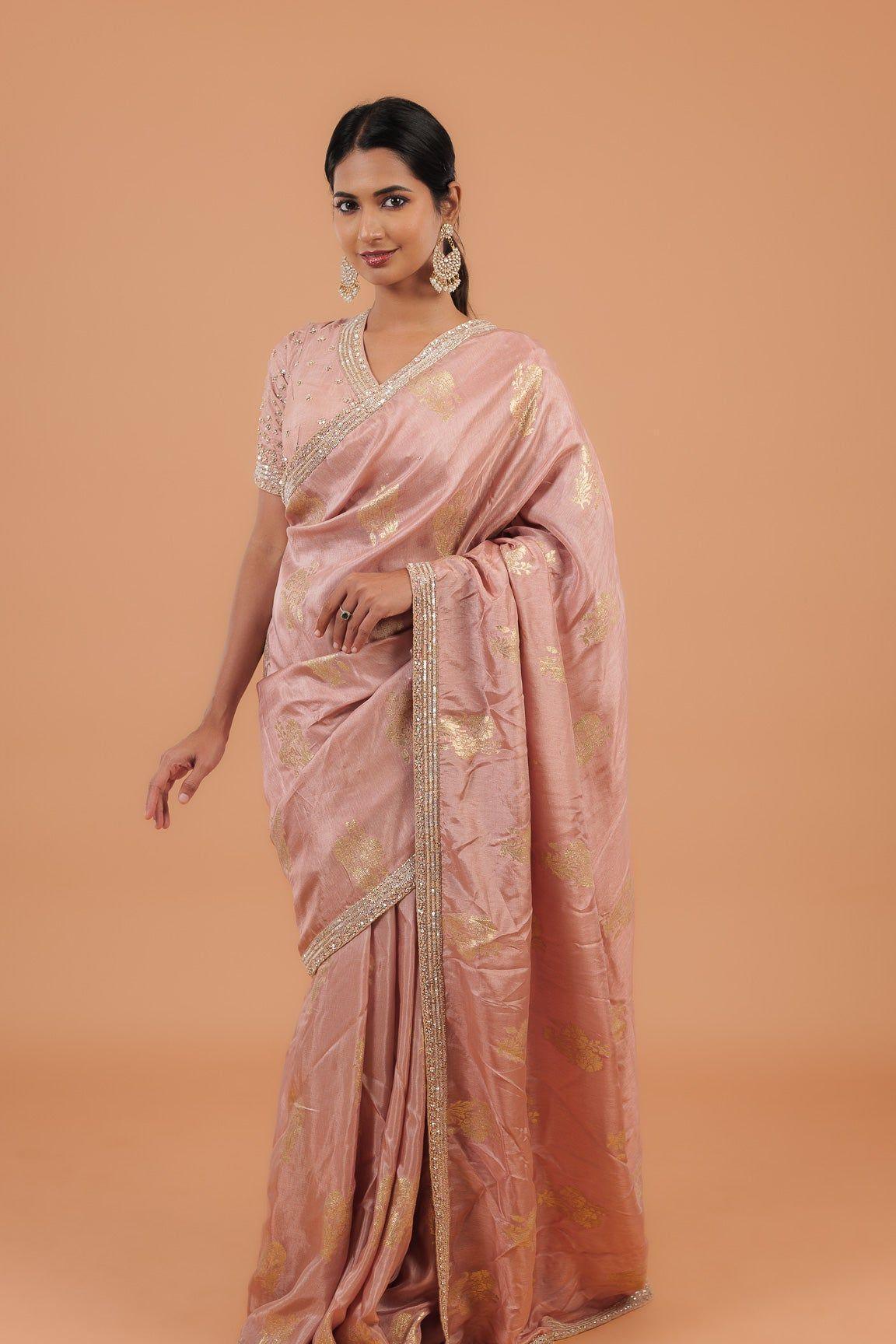 Light Peachy Beige Handloom Georgette Saree - Mokshaa