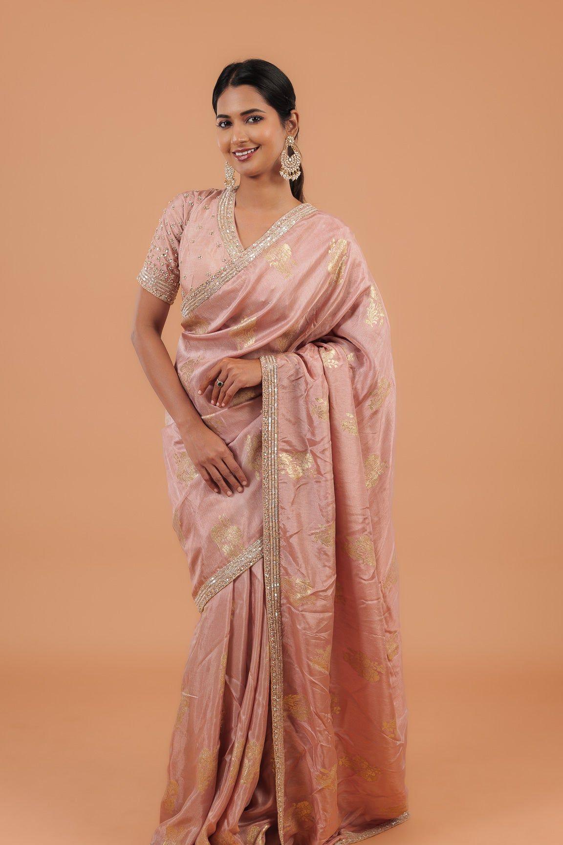 Light Peachy Beige Handloom Georgette Saree - Mokshaa
