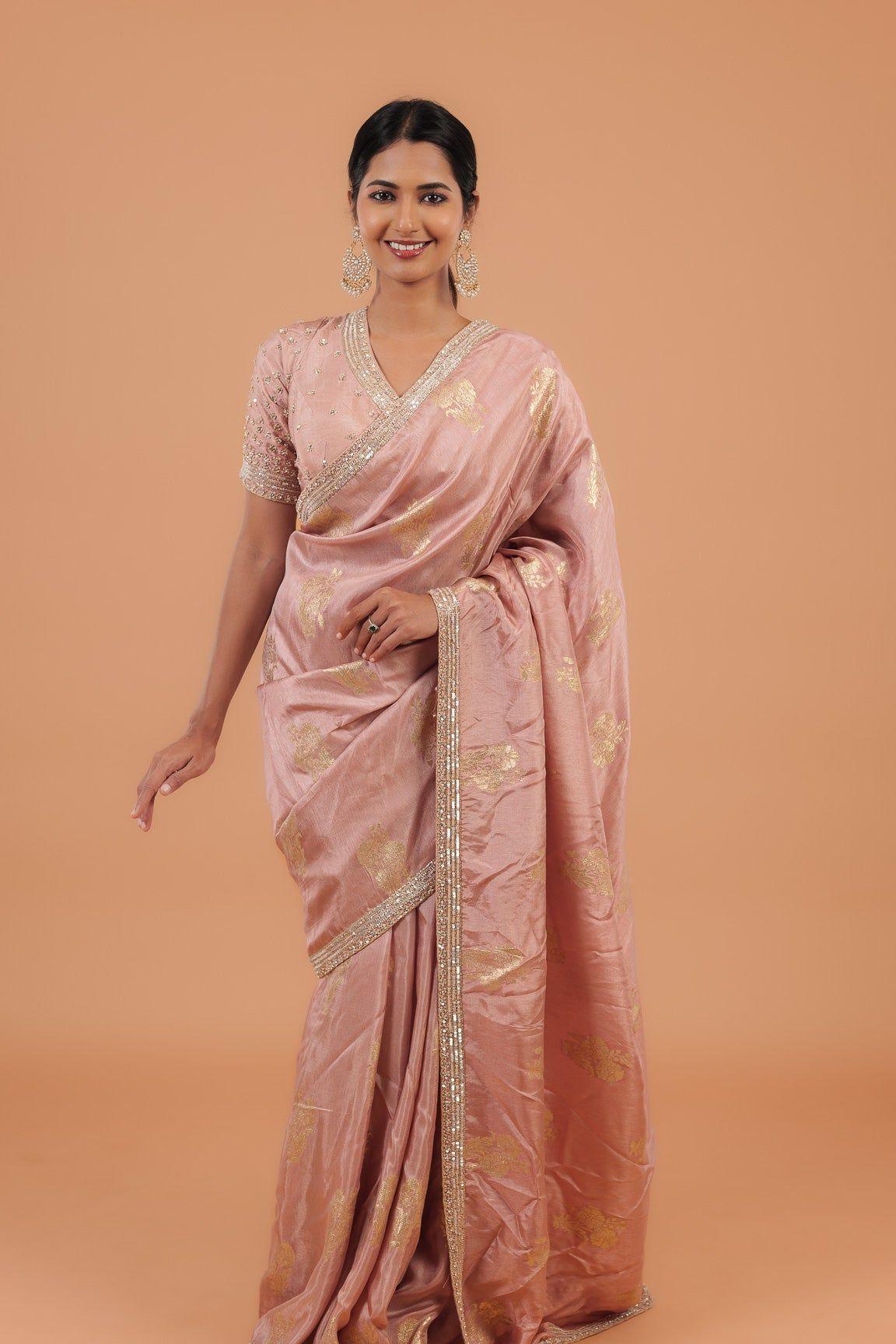 Light Peachy Beige Handloom Georgette Saree - Mokshaa