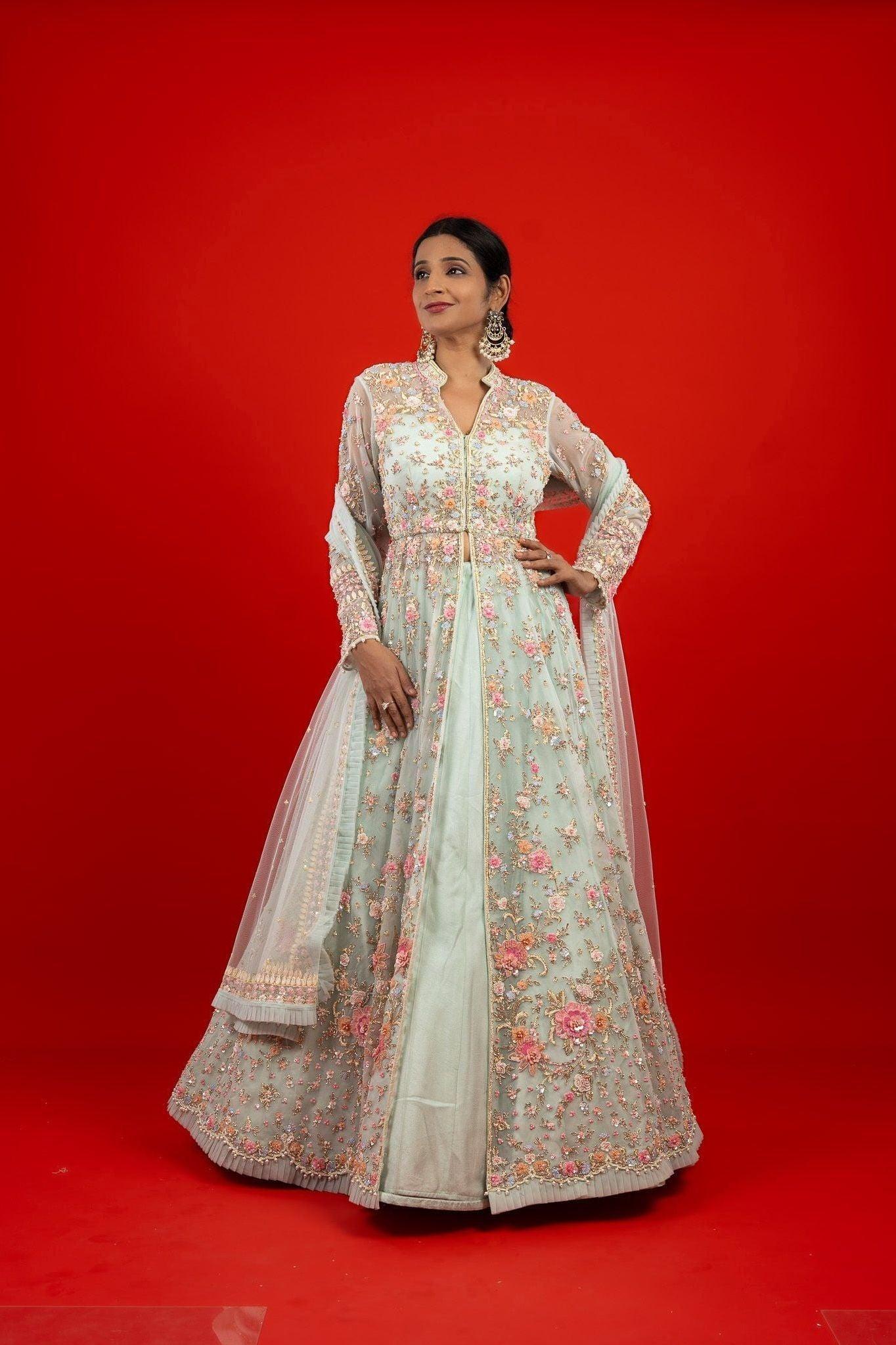 Light Blue Net Jacket Lehenga with Pearl and Sequin Embroidery - Mokshaa