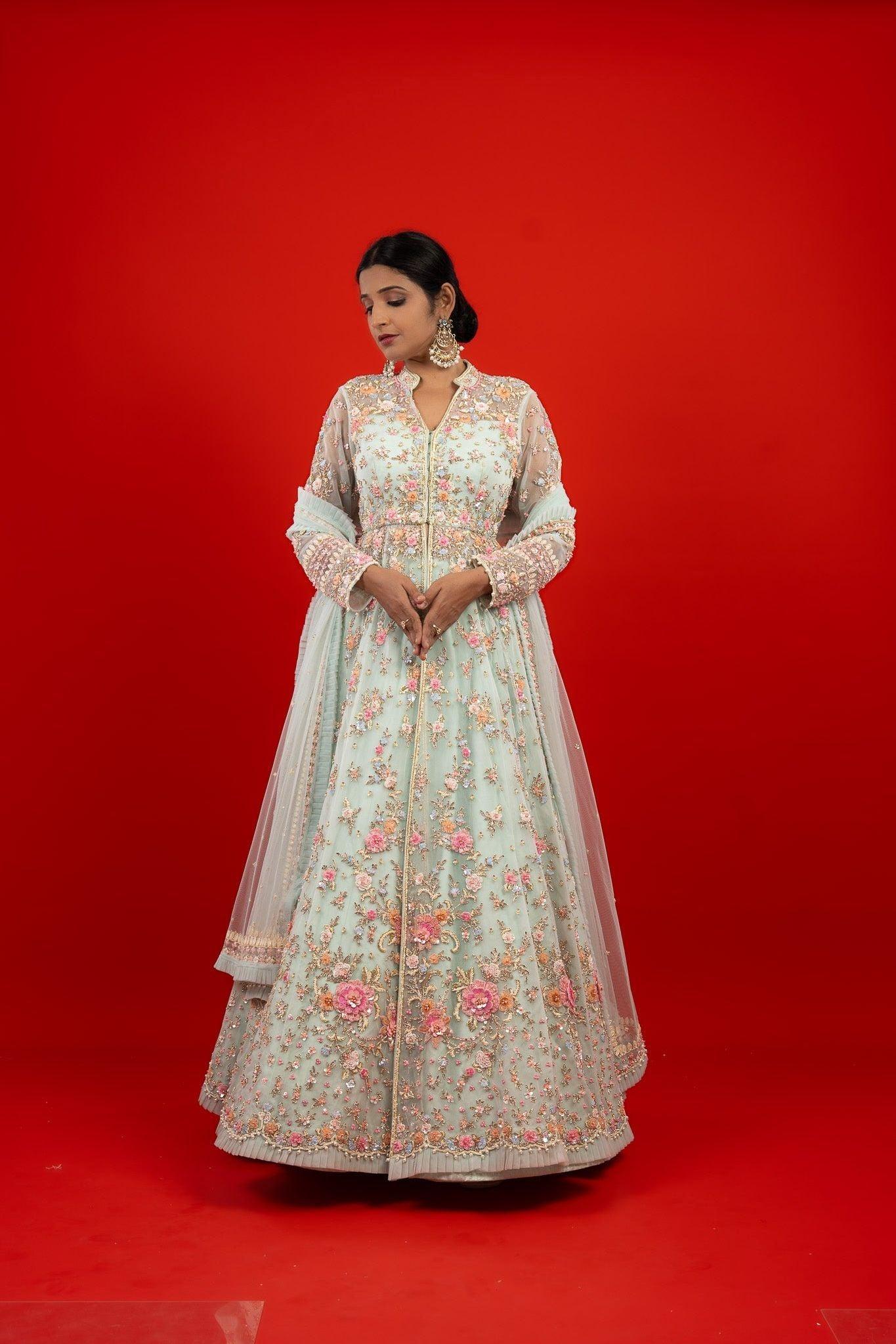 Light Blue Net Jacket Lehenga with Pearl and Sequin Embroidery - Mokshaa