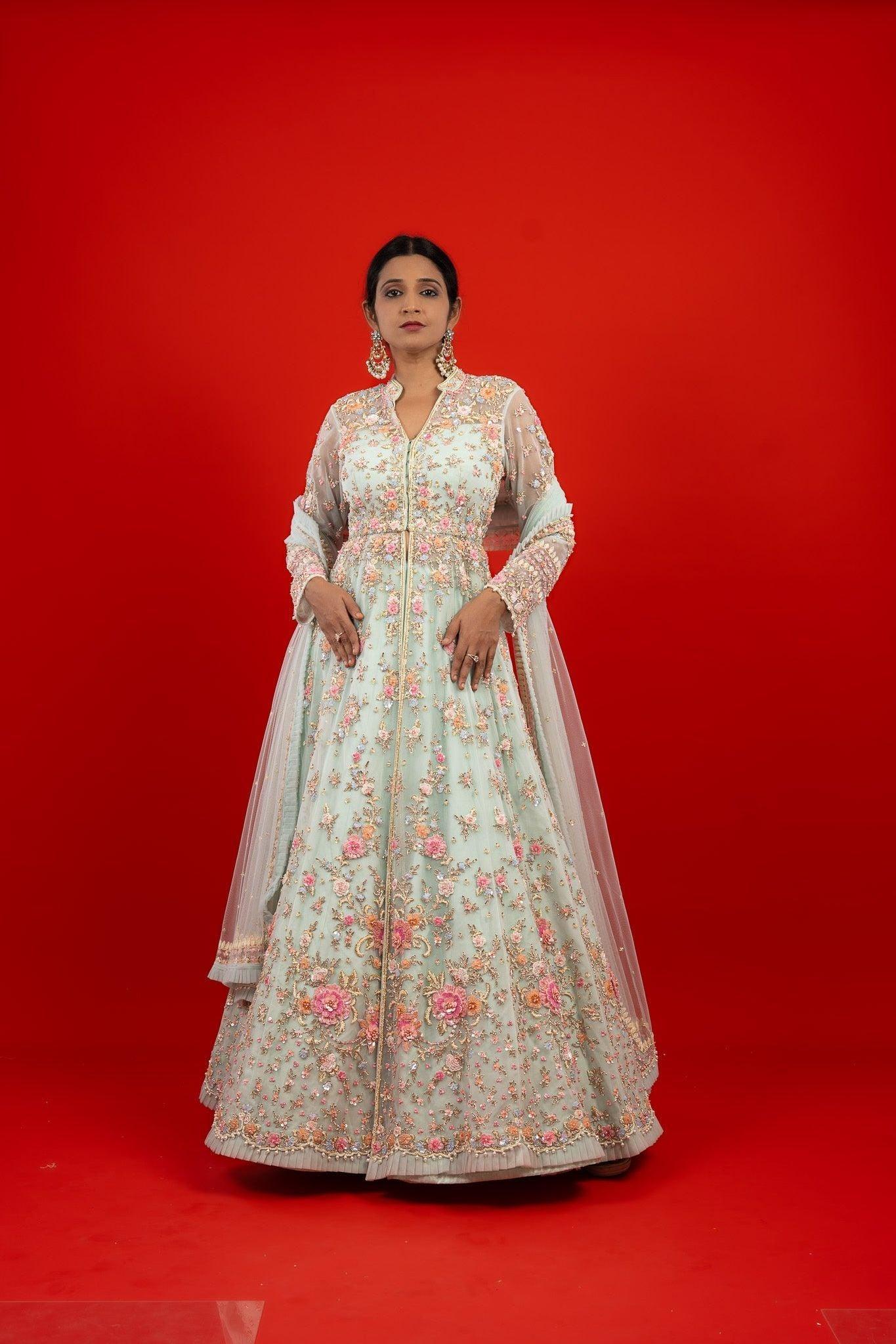 Light Blue Net Jacket Lehenga with Pearl and Sequin Embroidery - Mokshaa